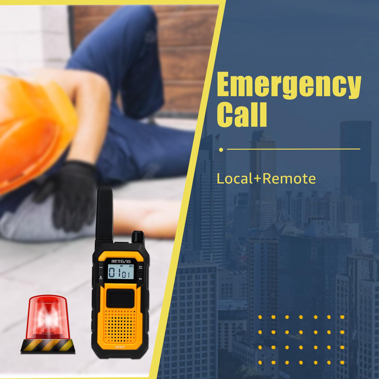 Retevis RB648 Walkie Talkie Impermeabile, Walkie Talkies Resistente, Tripla Prova Avanzata, IP67 Doppio PTT, Vibrazione SOS, Radio Bidirezionale 2000 mAh con Auricolare per Cantiere (2 Pezzi, Giallo)