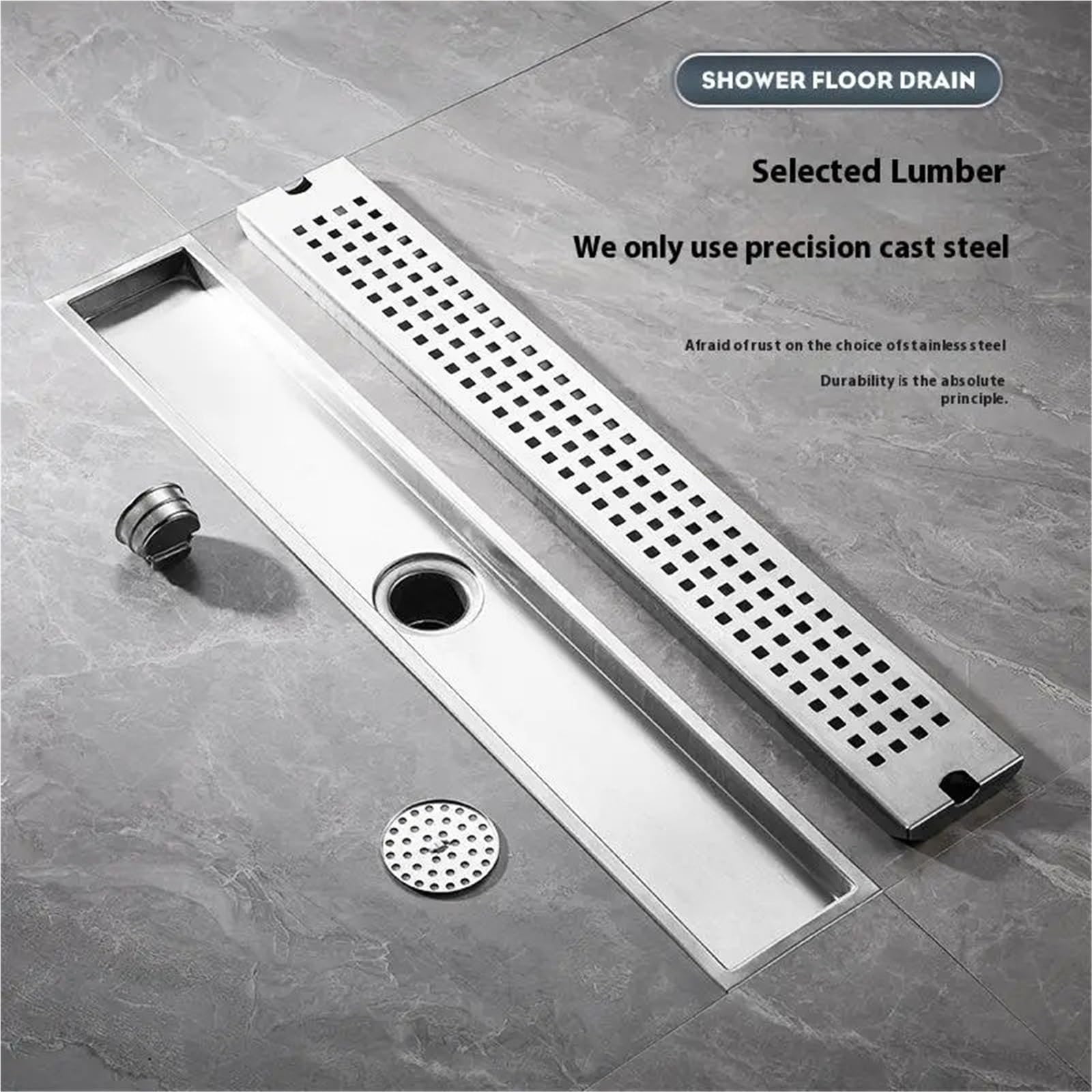 Desague Ducha Drenaje de Piso Largo Cuadrado Acero Inoxidable, alcantarillado baño, Drenaje Rectangular Gran Desplazamiento