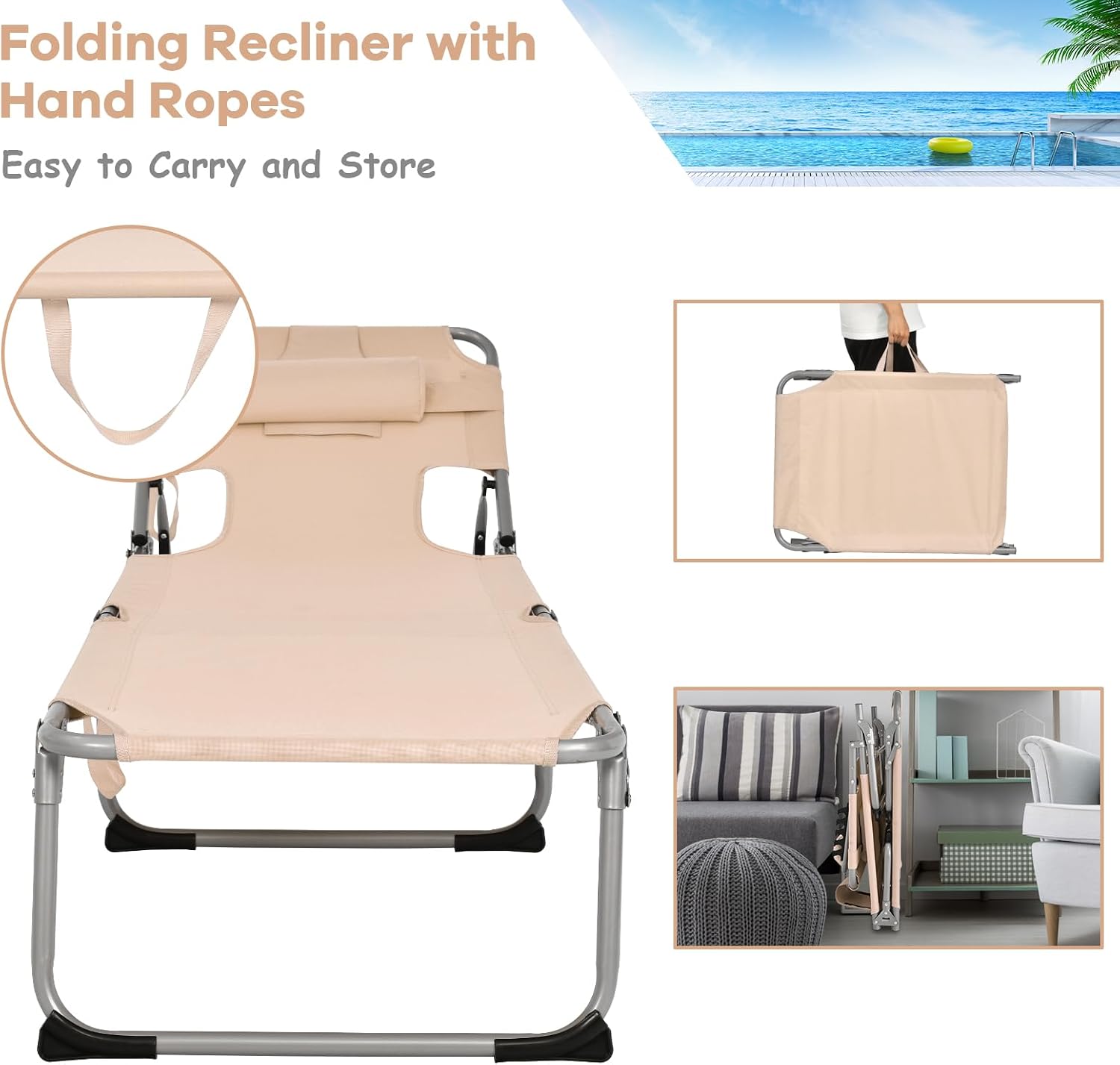 GYMAX Tanning Chair, Folding Beach Lounger with Face Arm Hole, Adjustable Backrest, Side Pocket, Pillow & Carry Handle, Outside Sunbathing Lounge Chair for Patio, Poolside, Lawn (1, Sand)