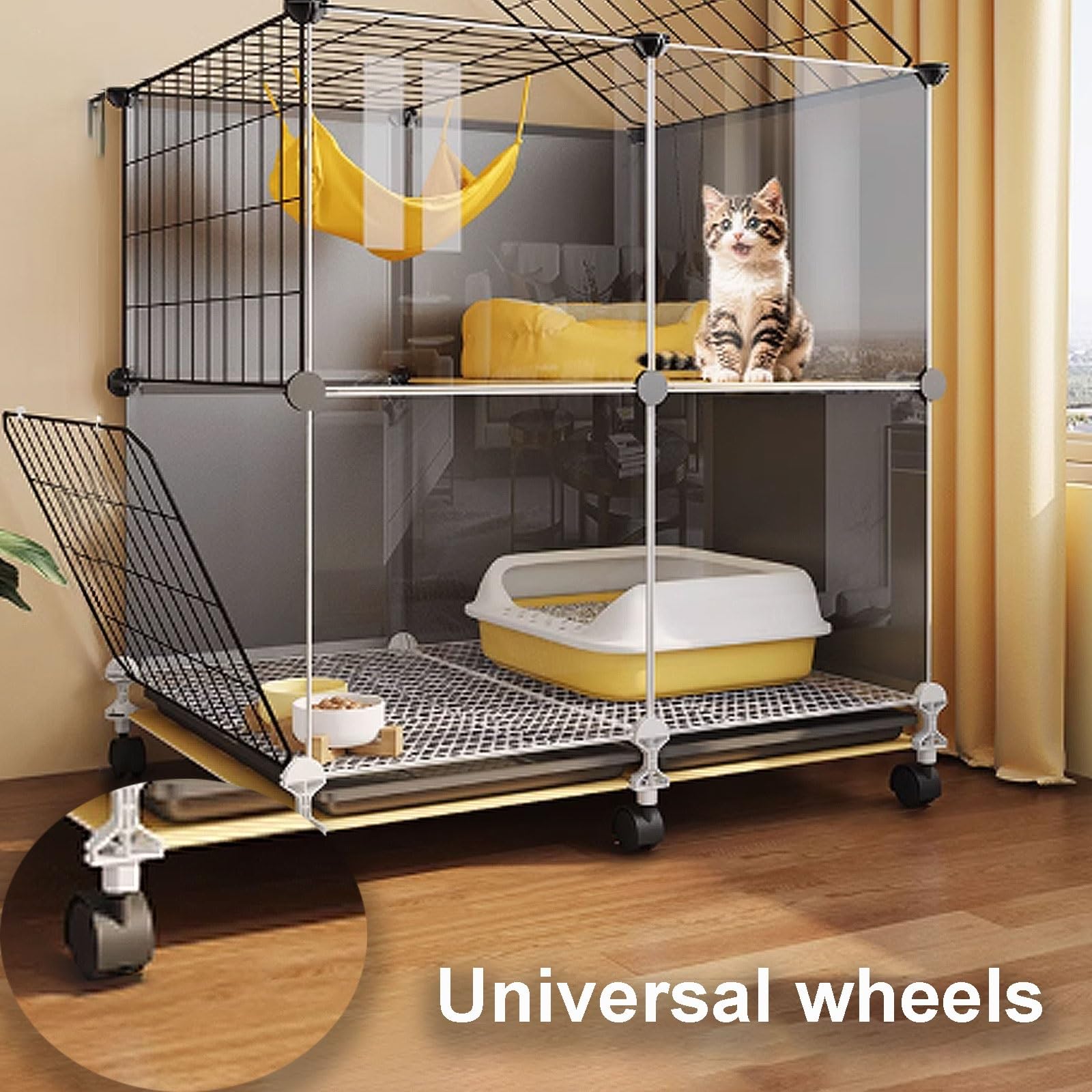 Cages pour Chats Noirs d'intérieur, enclos pour Chats Catio, Parc pour Chats avec Couvercle, Cage à roulettes pour furets, Chinchillas, Lapins et Petits Animaux (106 x 46 x 82 cm)