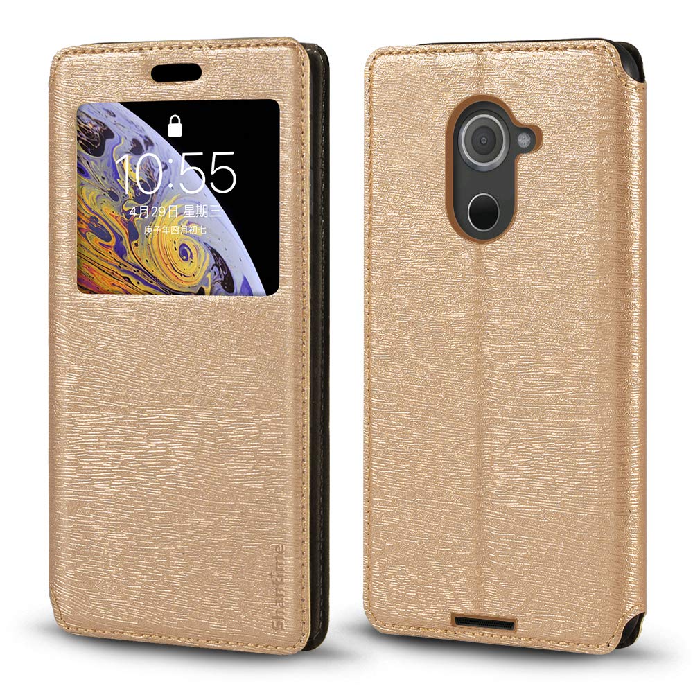 Viewable Window Leather Flip Case Compatible with BlackBerry DTEK60, Elegant Design Clear Display Invisible Magnetic Cover and Card Slot(Gold)