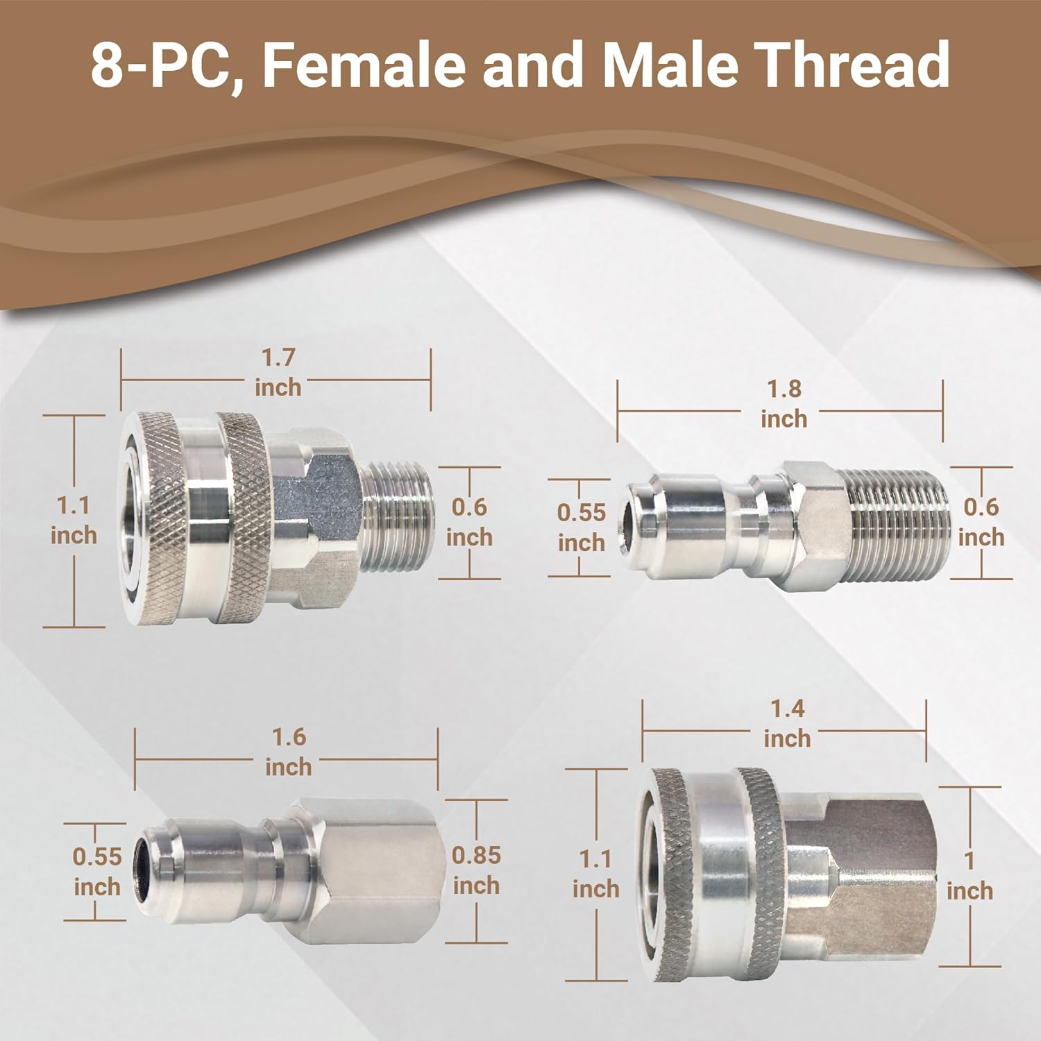 Pressure Washer Quick Connect, 3/8 Inch Quick Connect Pressure Washer Fittings, Stainless Steel, 8-PC, Female and Male Thread