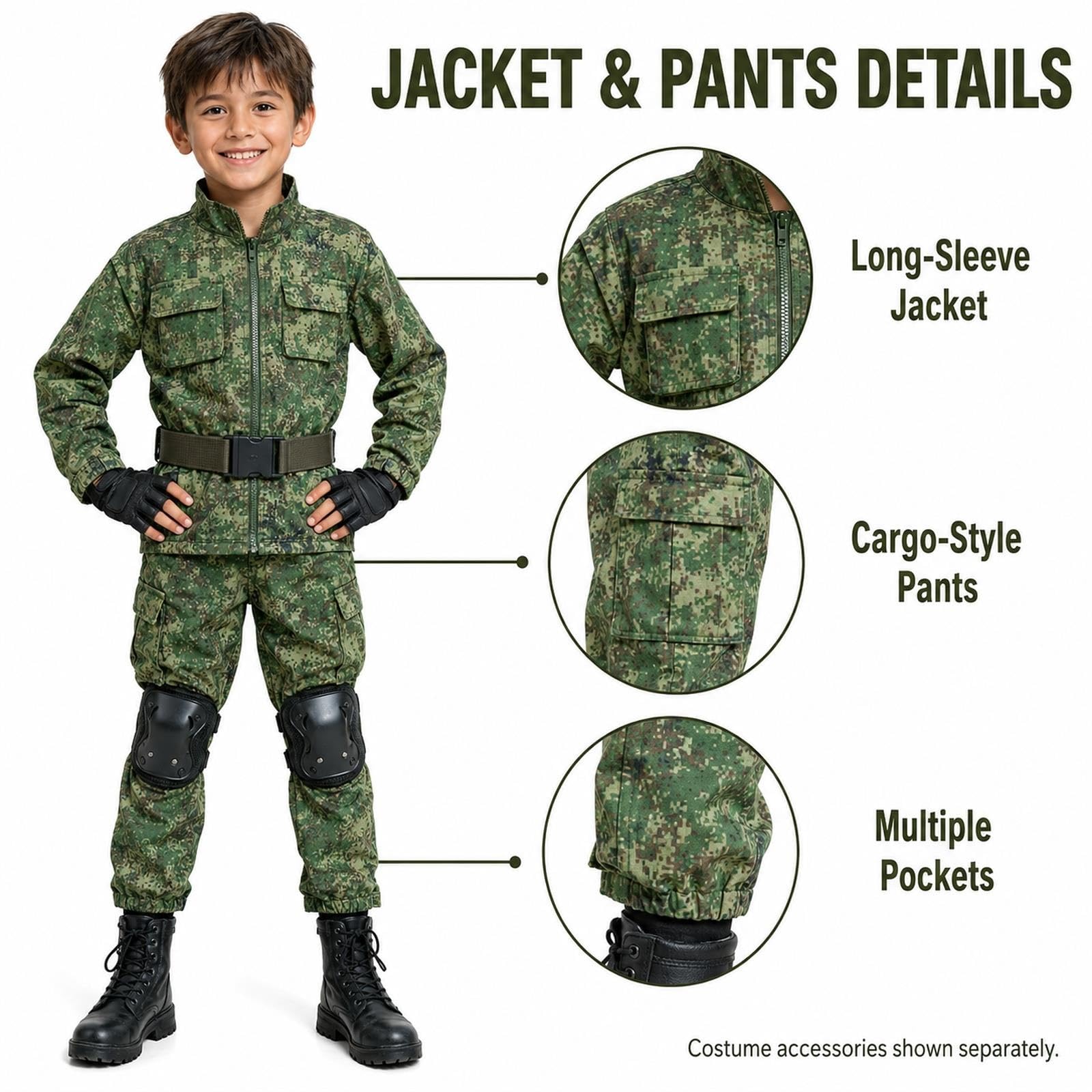 Completo Divisa Mimetica Ragazzo 9 Pezzi Camicia Pantaloni Elmetto Occhiali