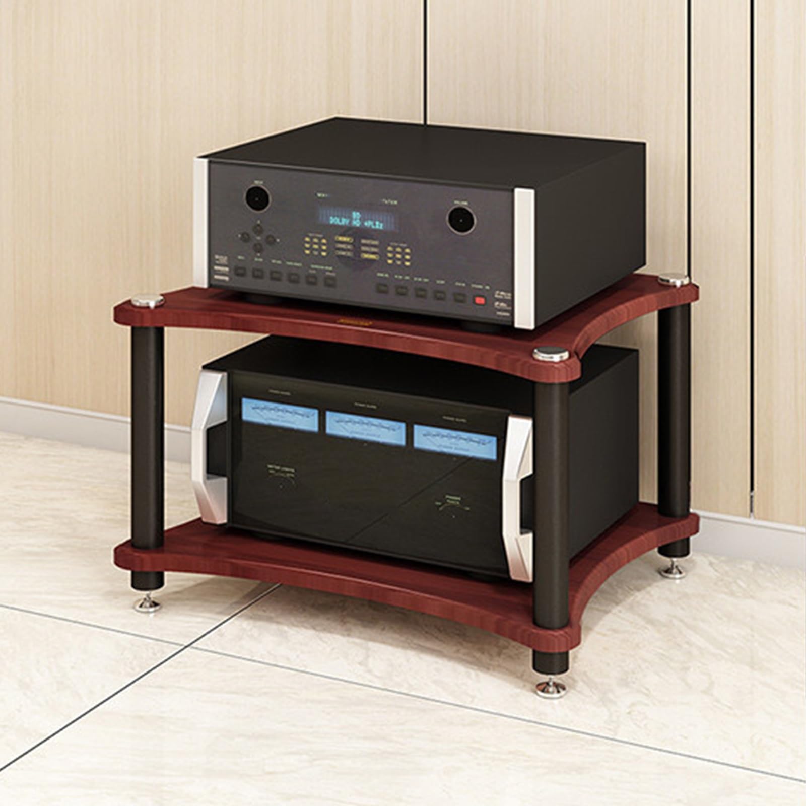 Support multimédia 2 niveaux marron avec meuble de divertissement ouvert Hi-Fi