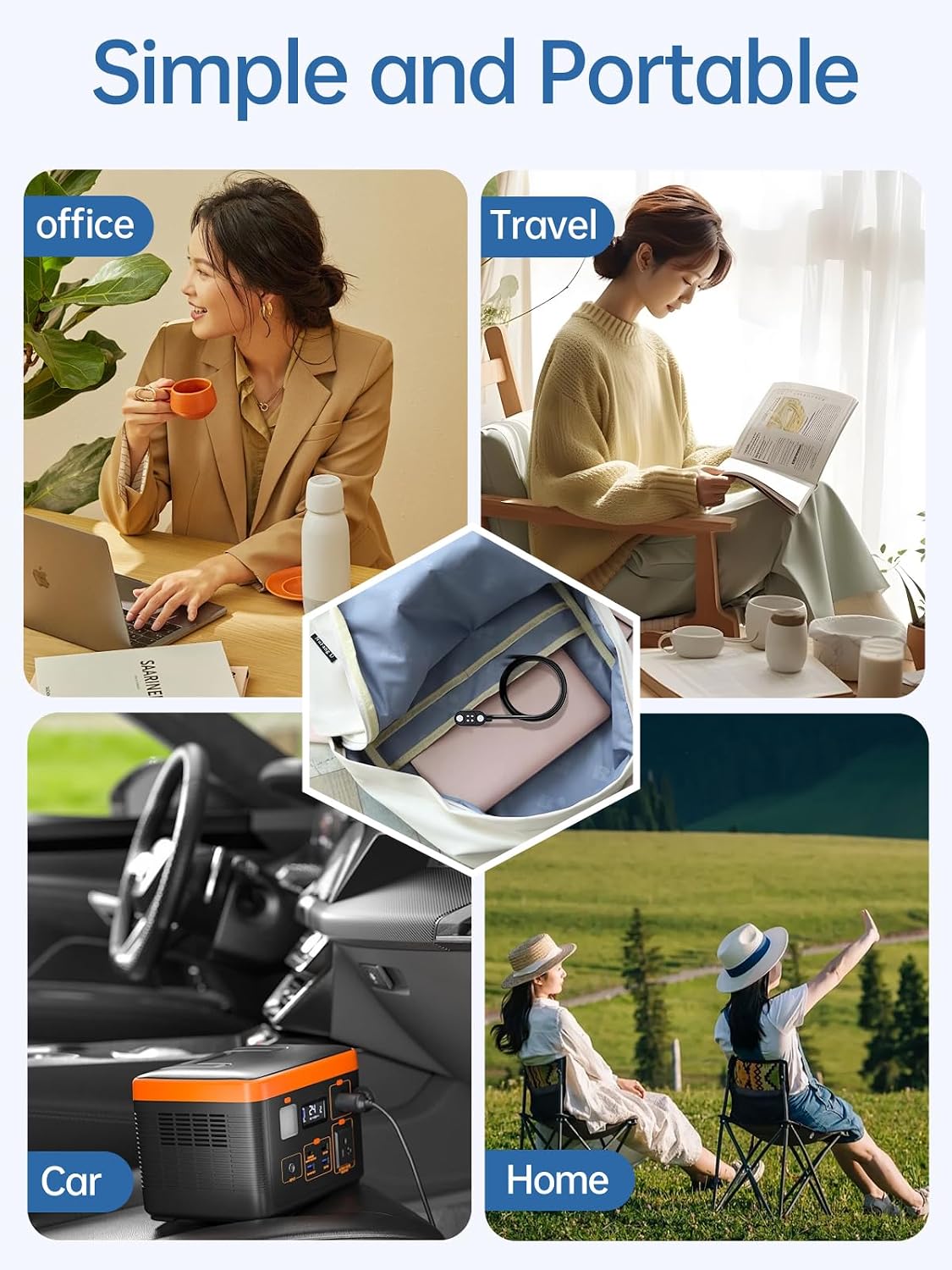 Image showing the charging cable being used in various scenarios: office, travel, car, and home, emphasizing its portability.