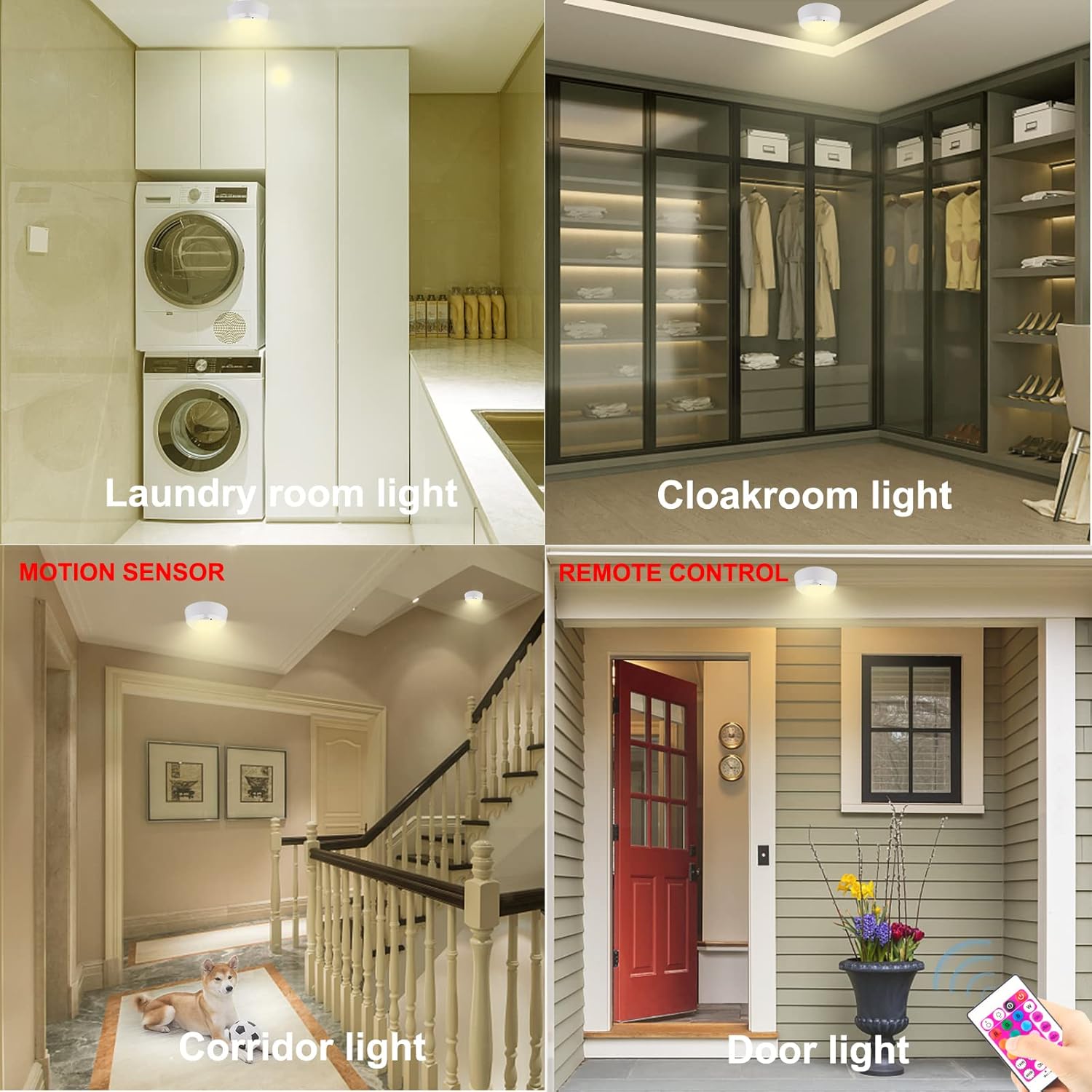BIGMONAT Motion Sensor Shower Light USB Rechargeable, Wireless Ceiling Light with Remote, RGB Bathroom Light, Dimmable Battery Light for Closet Pantry Hallway Bedroom Dorm Hallway
