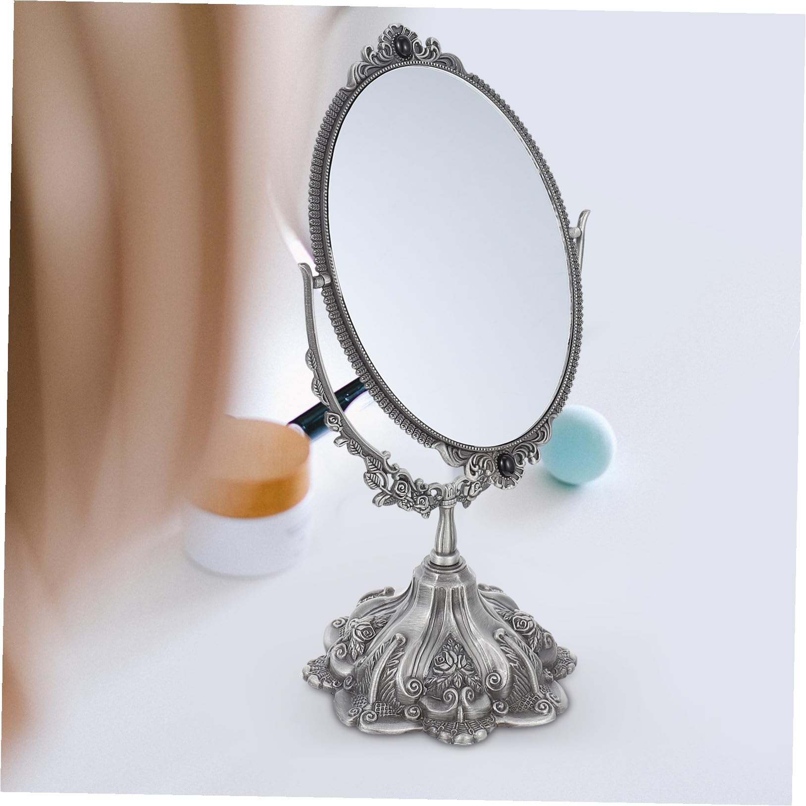 DOITOOL Espejo De Maquillaje De Doble Cara Espejo De Maquillaje Decorativo Decoraciones De Mesa Espejo Decorativo Antiguo Espejos Ovalados Princesa Decoración Boda Aleación De Zinc Tocador