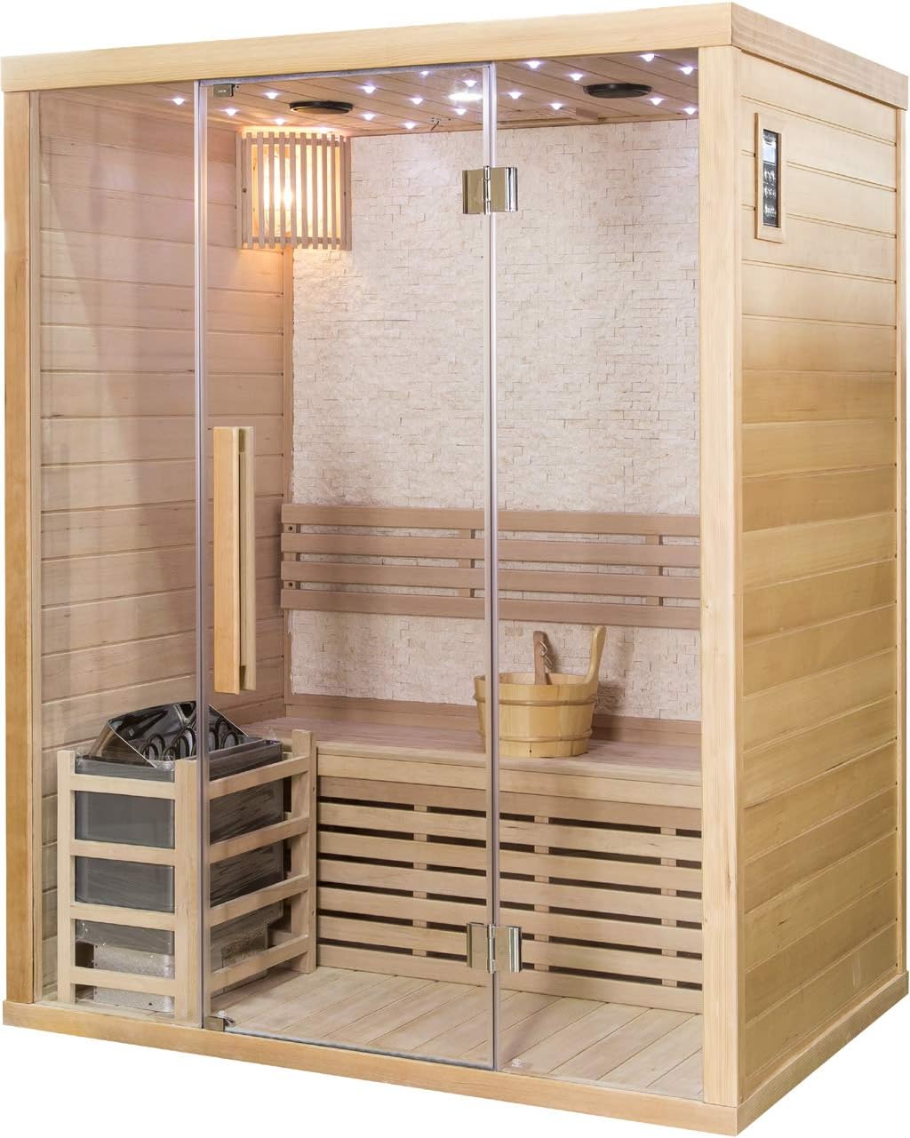Canadian Hemlock Wood Traditional Swedish Wet or Dry 1-2 Person Glass Wall Sauna, with 4.5KW Heater, Rocks, Water Bucket, Ladle, LED Lights