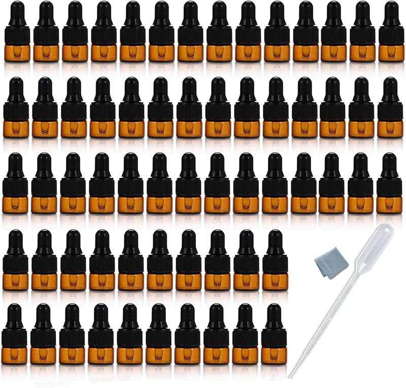 Elfenstall Frascos de Vidro Âmbar de 1 mL com Conta-Gotas, Pacote com 50 e Acessórios