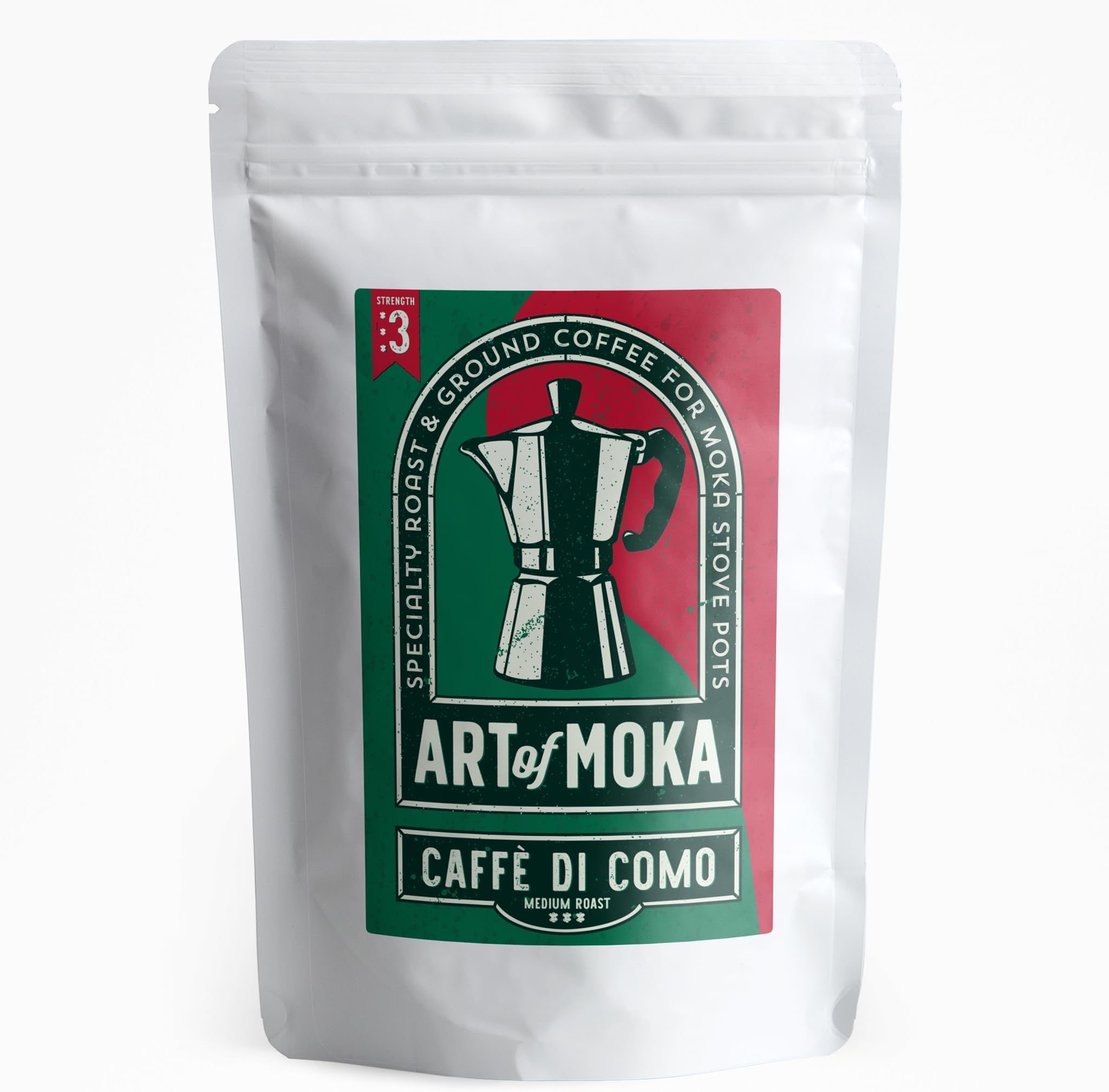 Strong Moka Ground Coffee 227g - Medium Roast - For Italian Moka Stovetop Pot Coffee Makers Caffe di Como - Strength 3