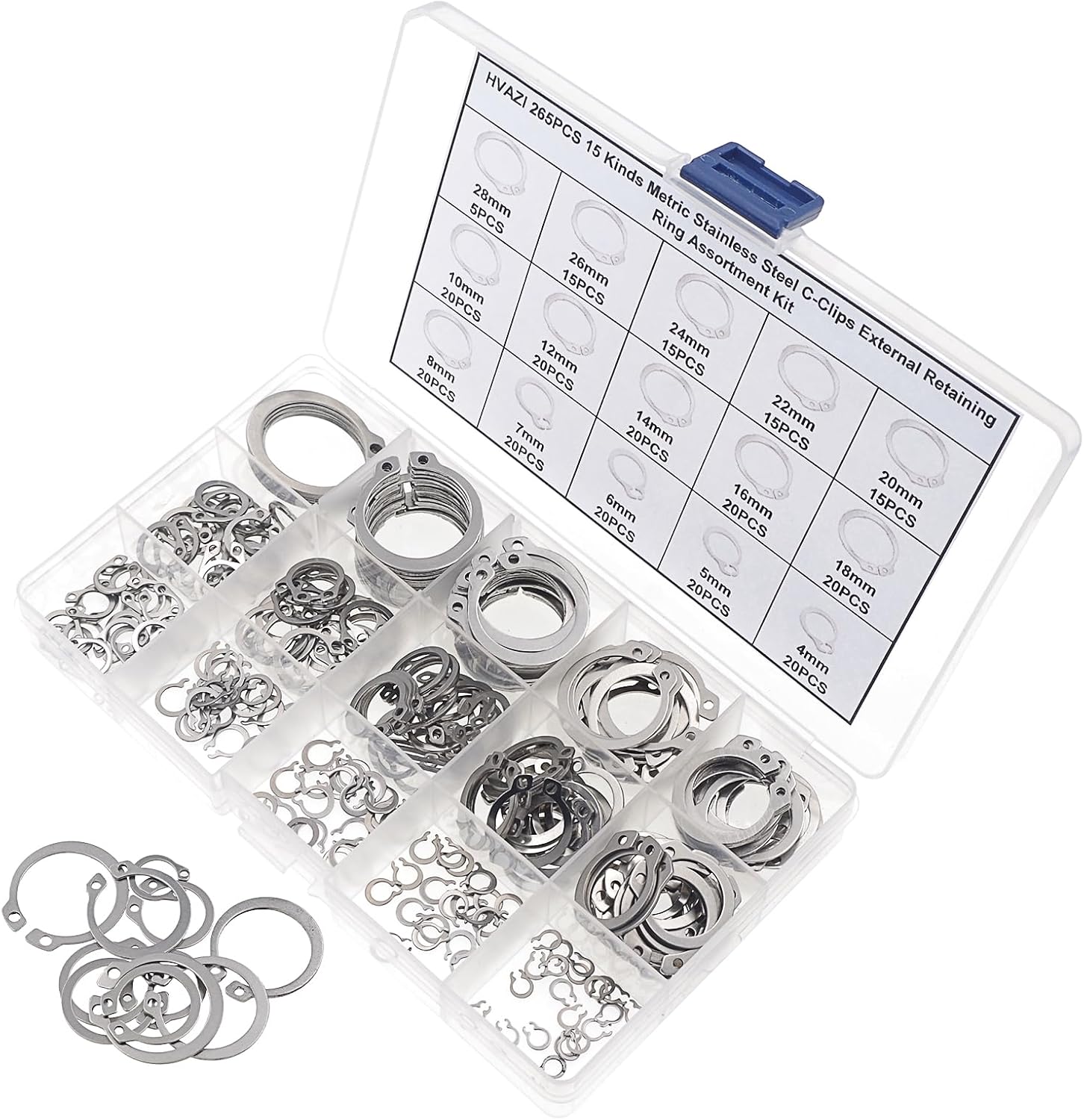 265PCS Metric 304 Stainless Steel C-Clips External Retaining Ring Kit
