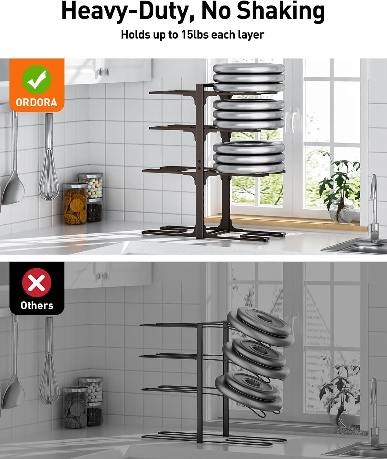 ORDORA Pots and Pans Organizer under Cabinet, 20.8" Height Heavy Duty 120LBS Pots Pans Organizer Rack for Cabinet 8-Tier Adjustable for Big Stockpots, Dutch Oven, Cast-iron Pan, Heavy Cookware, Bronze