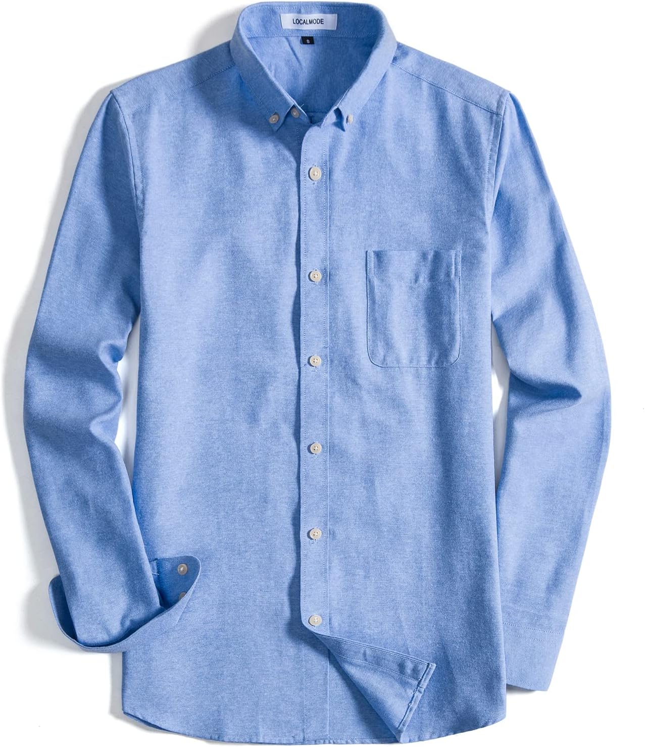 LOCALMODEMens Long Sleeve Regular Fit Dress Shirt Casual Business Oxford Button Up Shirt, Blue-pocket, XL