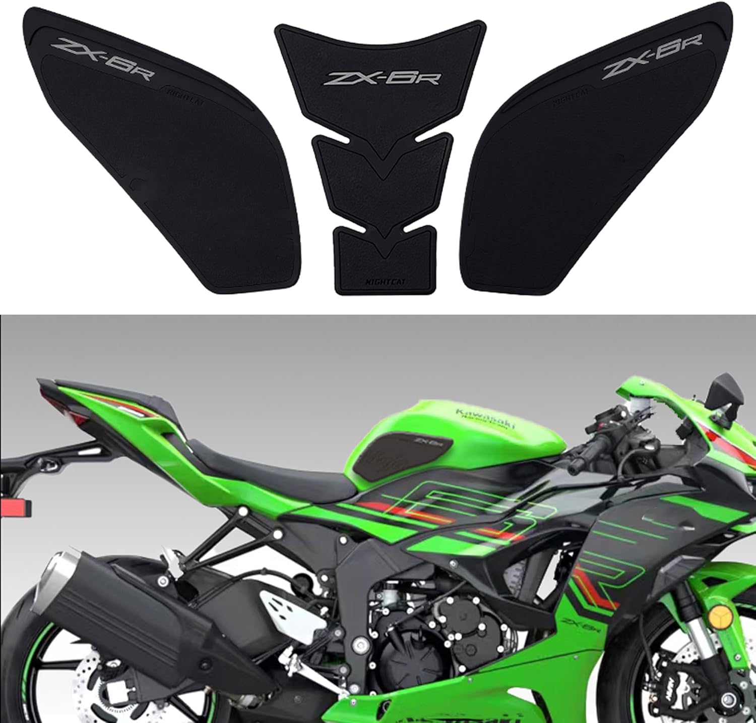 NIGHT CAT Compatible ZX-6R Motorcycle Fuel Tank Pad Kit Side Fuel Knee Guard Sticker Fuel Tank Protector (3-pcs Black Green)