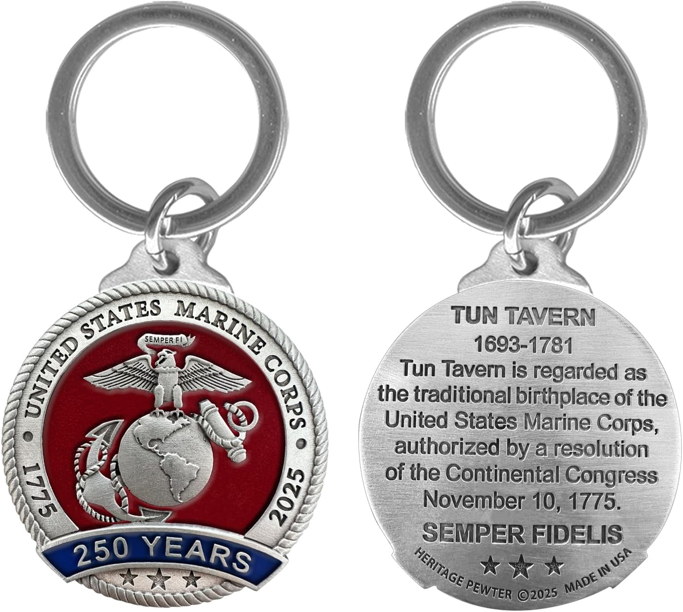 US Marines Corp 250th Anniversary Keychain | Motto on the Back Side | USMC Durable Key Holder | Intricately Crafted Metal Pewter