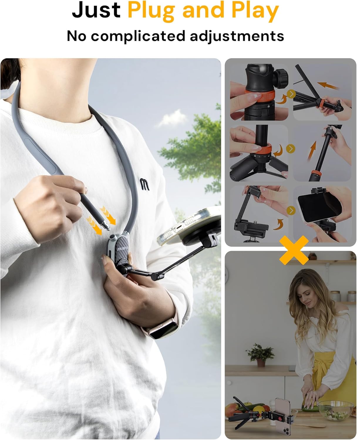 Magnetic Neck Phone Holder for Recording, Hands-Free POV/Vlog Video Filming, Content Creator Essentials for Indoor/Outdoor, Cooking/Riding, 4 in 1 Neck Mount for iPhone Cell Phone Android (650mm)