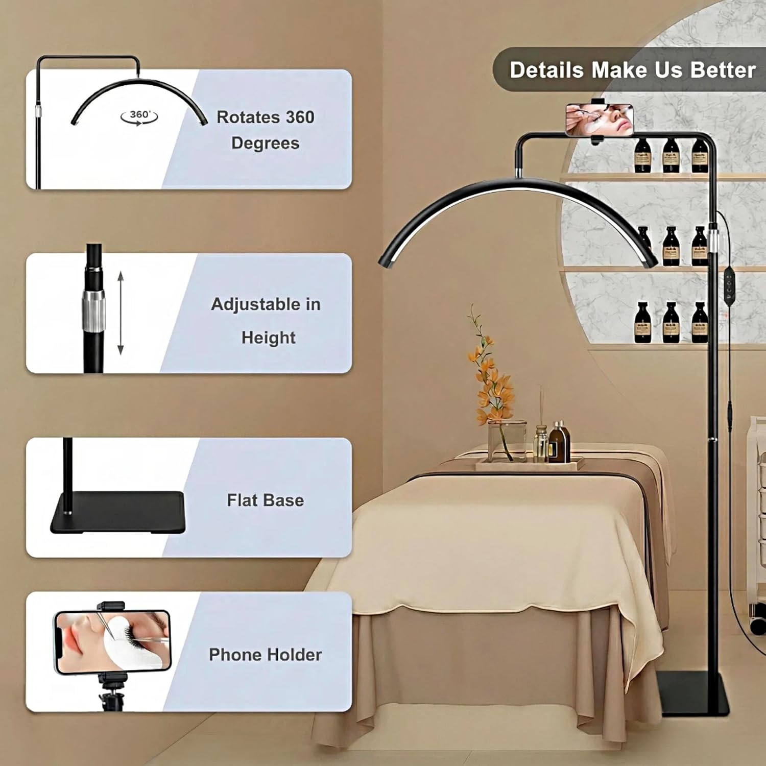 24" Half Moon Lash Light with Phone Holder & Remote Control, Height Adjustable Lash Lamp with 360° Rotating Head, Dimmable Shadow-Free Salon Light for Eyelash Extensions, Tattoo, Skincare, Spa