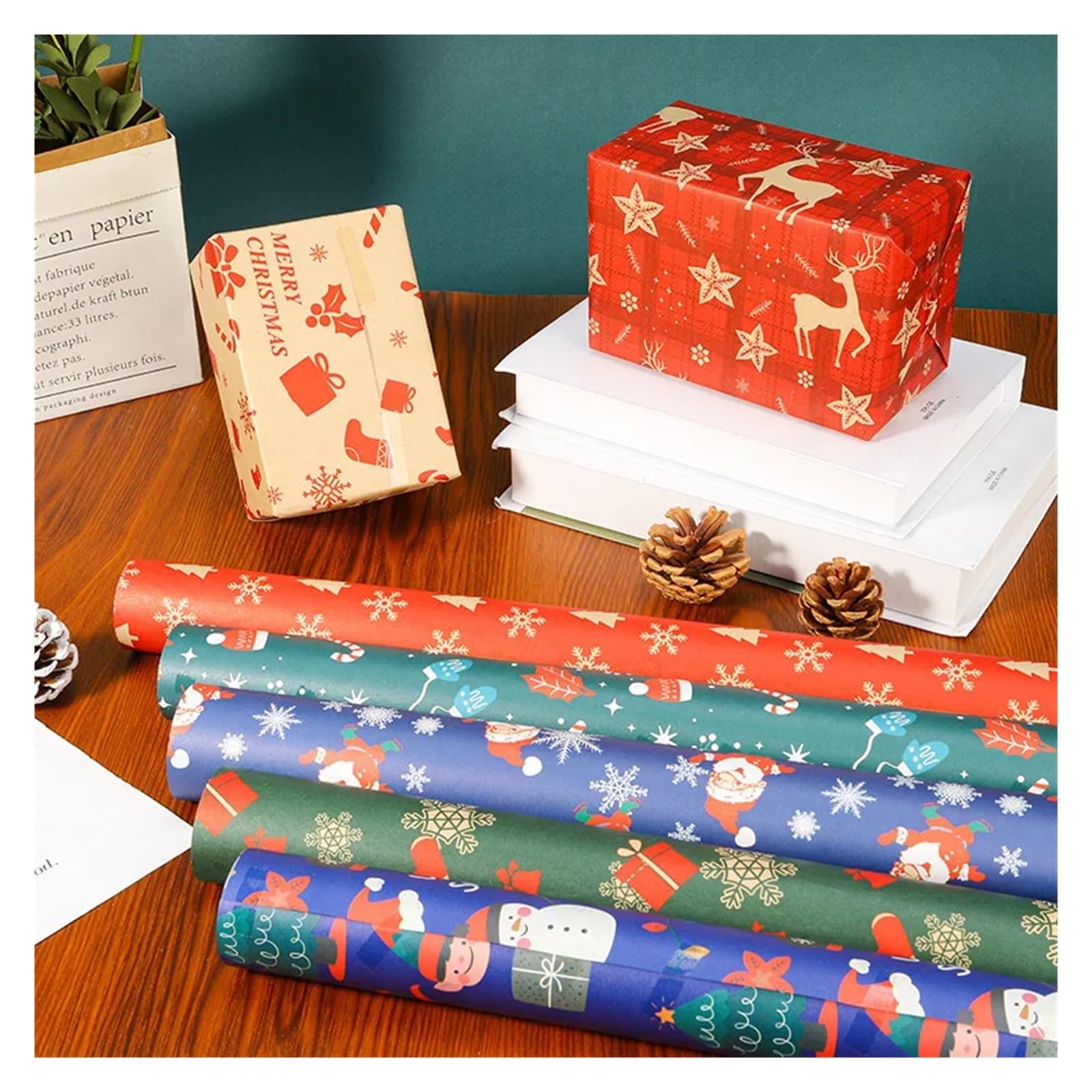 Geschenkpapier Weihnachten 10 Stück Weihnachtsmann-Geschenkverpackungspapier aus Kraftpapier, Cartoon-Motiv, festliche Gastgeschenke for Weihnachtsfeiern, 74 x 50 cm(10pcs)