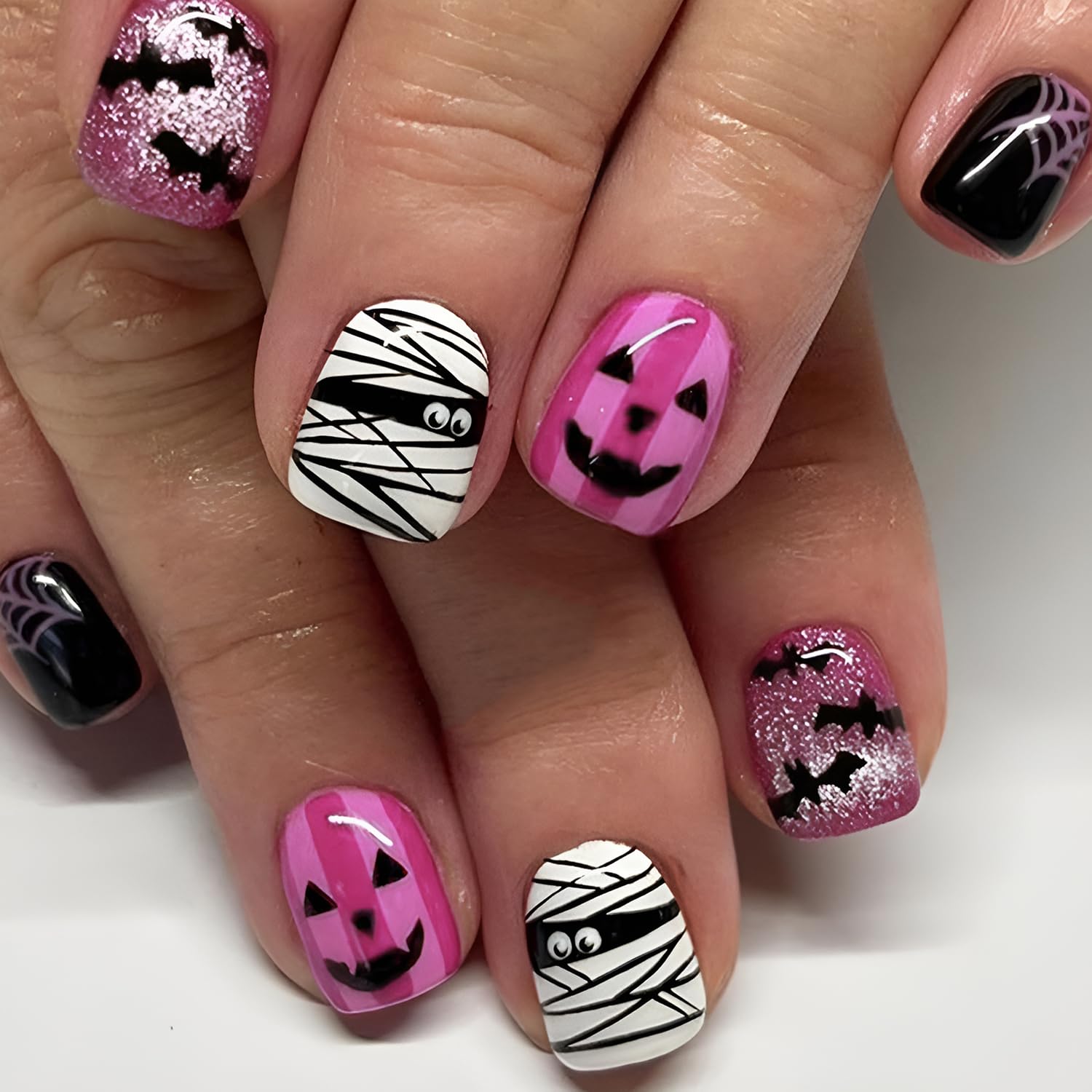6 Packs (144 Pcs) Halloween Press On Nails Spooky Short Square Fake Nails
