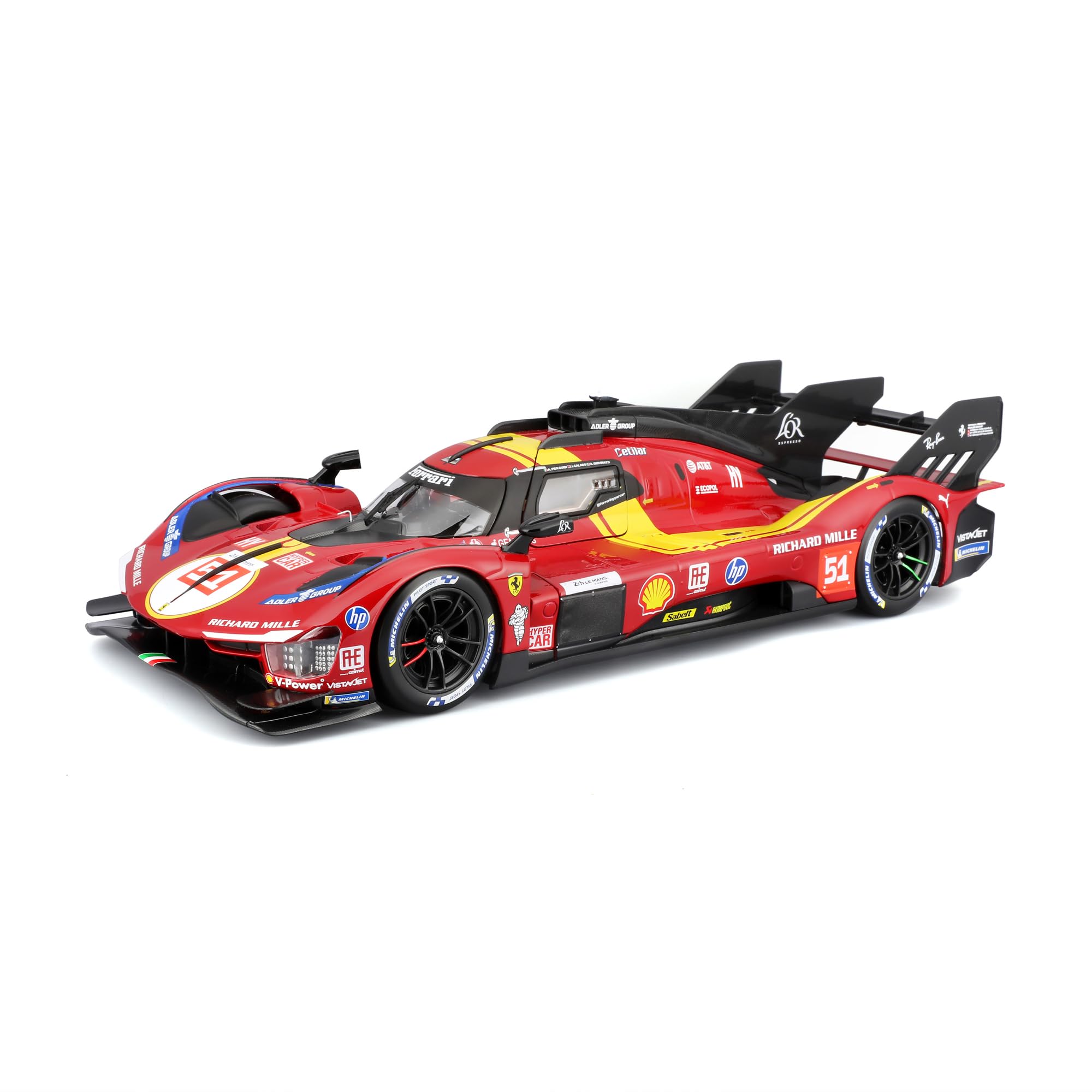 Bburago - Ferrari 499P 24H LMH Hypercar 2025#51, samochód diecast w skali 1:18, szczegółowa replika z otwieranymi drzwiami, oficjalne barwy Ferrari, 14+