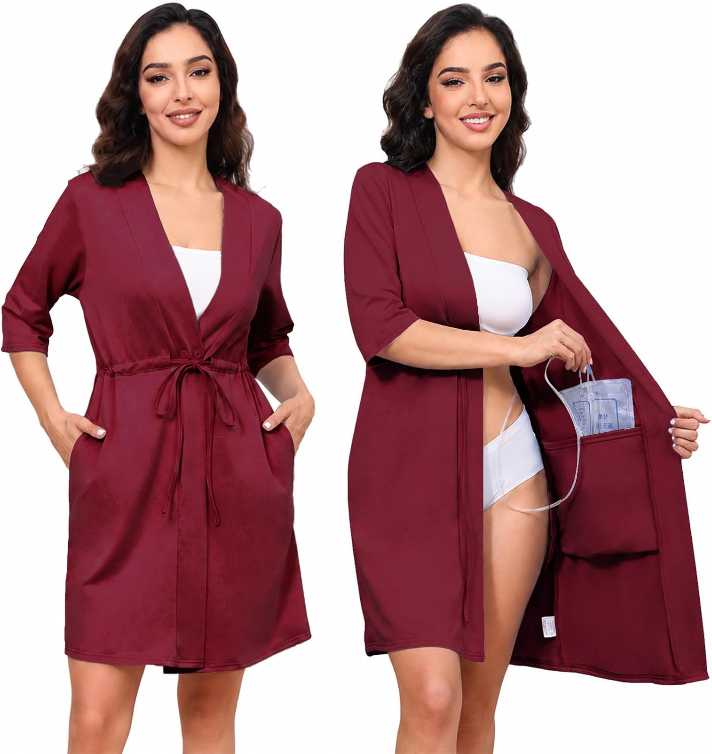 Drawstring Button Post Surgery Mastectomy Robe with 4 Drain Pockets | Breast surgery recovery nightgown for women with 3/4 sleeves, soft fabric for hospital stays, home care and drain management