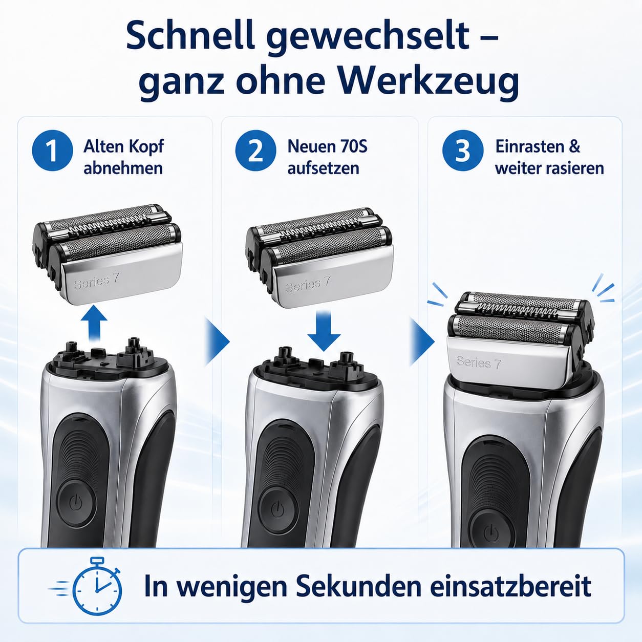 70S Scherkopf Ersatz Kompatibel mit Braun Series 7 Rasierer 720 720s 730 760cc 765cc 790cc 795cc 7840s 7893s, Scherfolie & Klingenblock, Rasierkopf Herren Ersatz Silber, 1 Stück