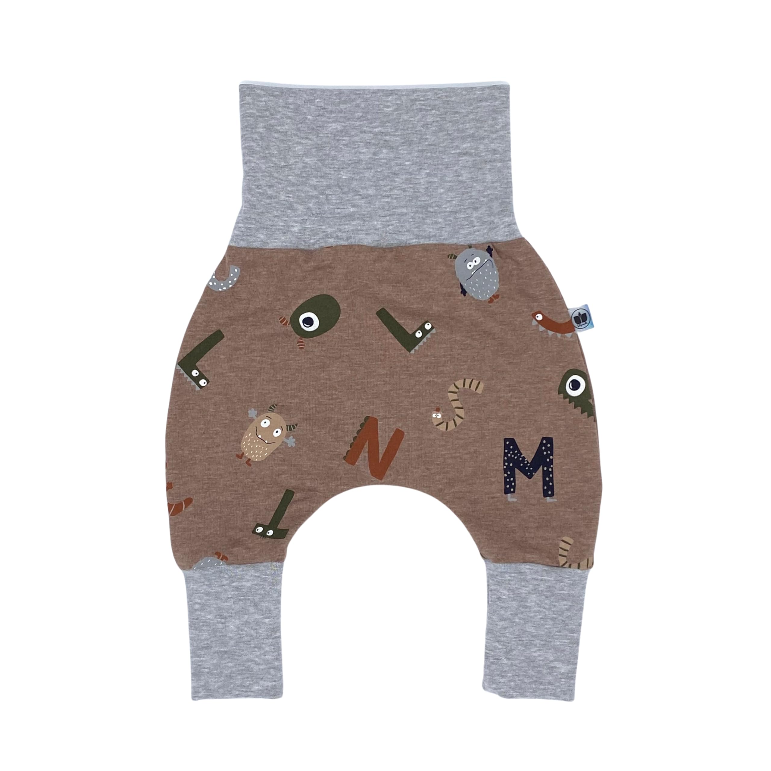 Tulipanelli Mitwachsende Baby Pumphose aus Baumwoll-Jersey - Handgefertigte Mitwachshose Babyhose für Jungen - Größen 50-74 | 68-86 | 92-104 (05 Monster Cappuccino, 92-104)