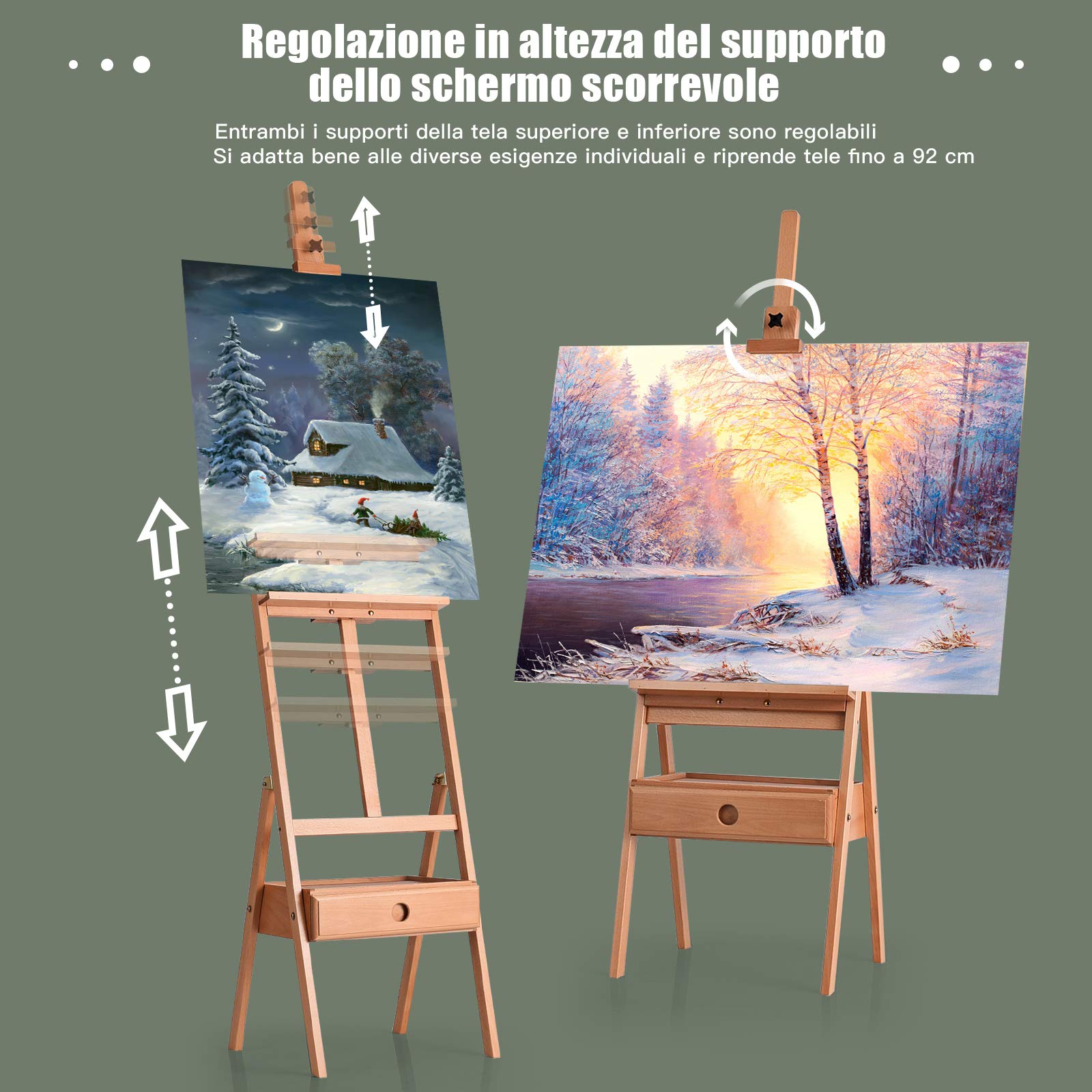 COSTWAY Cavalletto Pittura Legno con Cassetto e Vassoio, Cavalletto Disegno per Dipingere, Pittore Altezza Regolabile, 44x44x(149,5-193,5) cm