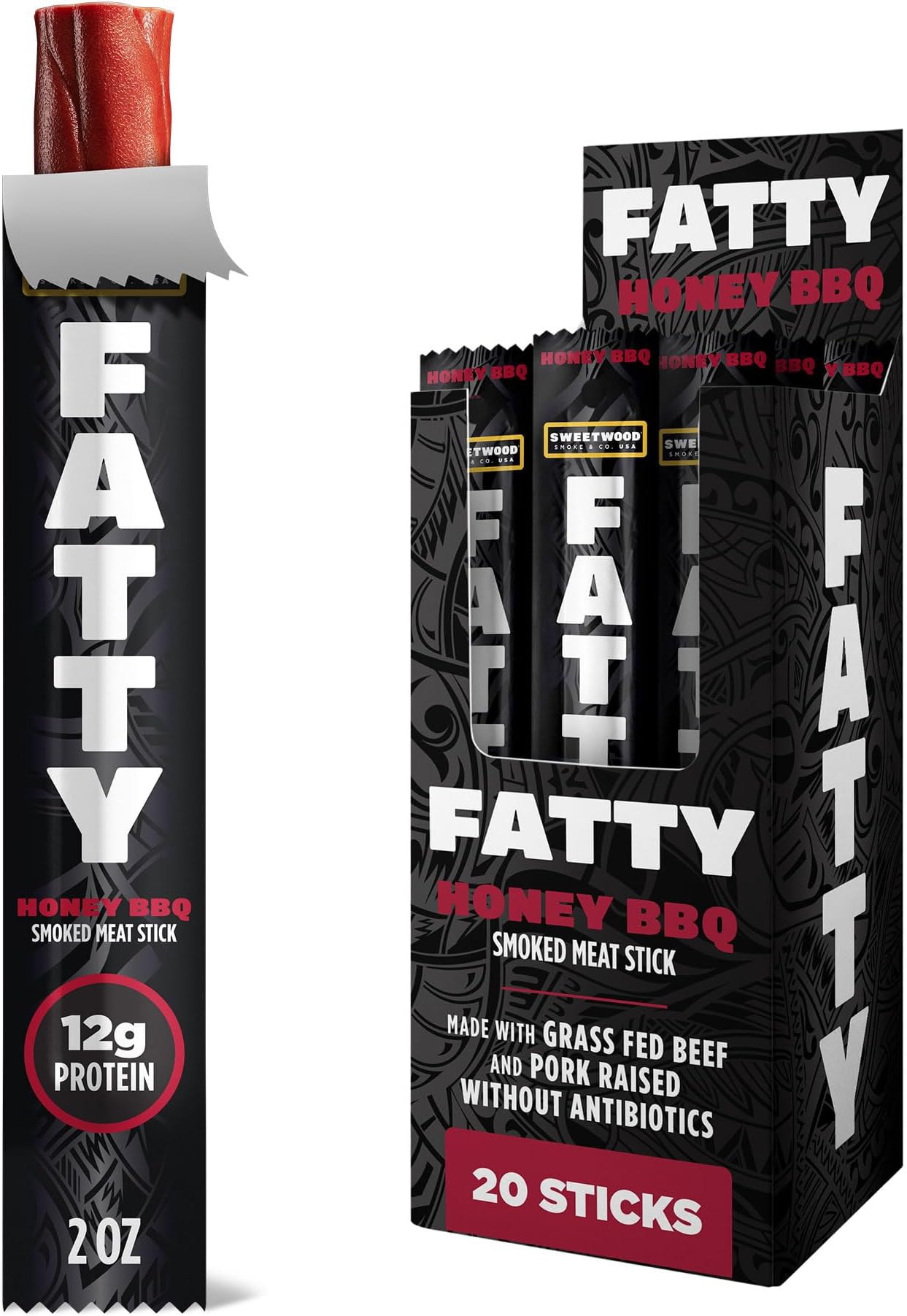 SWEETWOOD SMOKEHOUSE FATTY Meat Sticks, Grass-Fed Beef, High Protein Snack, Camping, Sports, Road Trip, Low Carb, Gluten Free, MSG Free, Nitrate Free, Honey BBQ Flavor, 2 Ounce (Pack of 20)