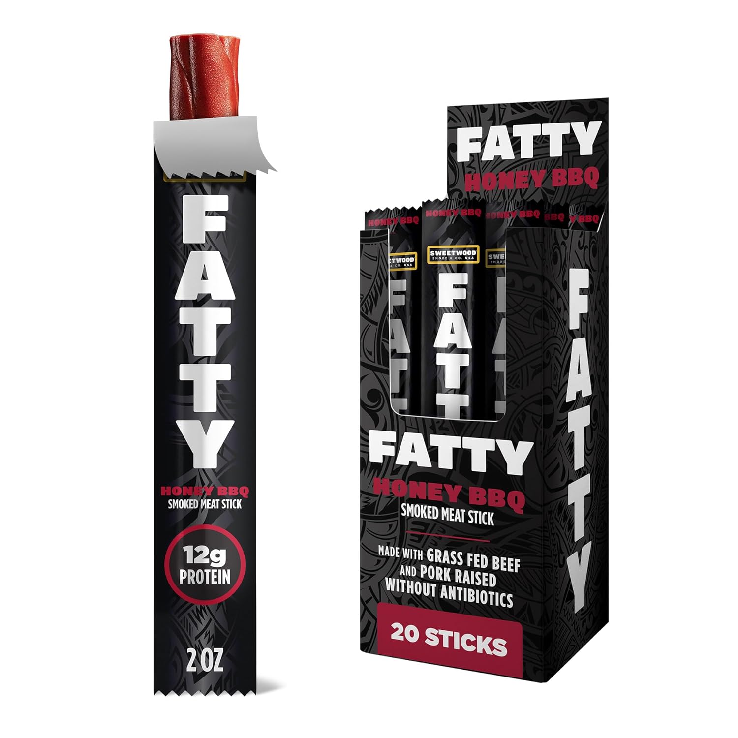 FATTY Meat Sticks, Made with Grass Fed Beef, Pork Raised Without Antibiotics, 12g Protein Per Stick, Honey BBQ, Easter Basket Stuffer for Men, 2 oz. (Pack of 20)