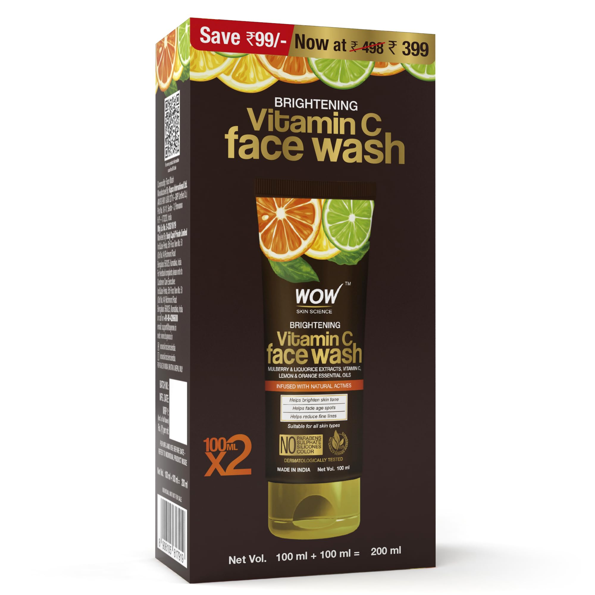 WOW Skin Science Brightening Vitamin C Face Wash - No Parabens, Sulphate, Silicones & Color - Pack of 2 - Net Vol 200mL