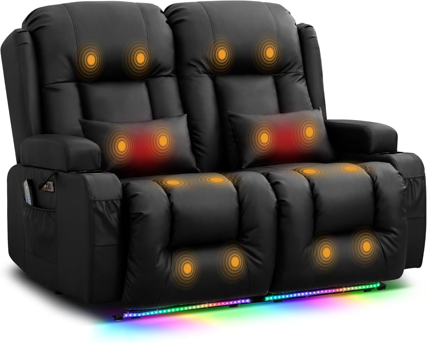 TUNYI Power Loveseat Recliner Sofa - Home Theater Seating with Massage & Heat Faux Leather RV Recliner Loveseat Sofa with USB/Cup Holder/Side Pocket/LED Light/Pillow (Black)