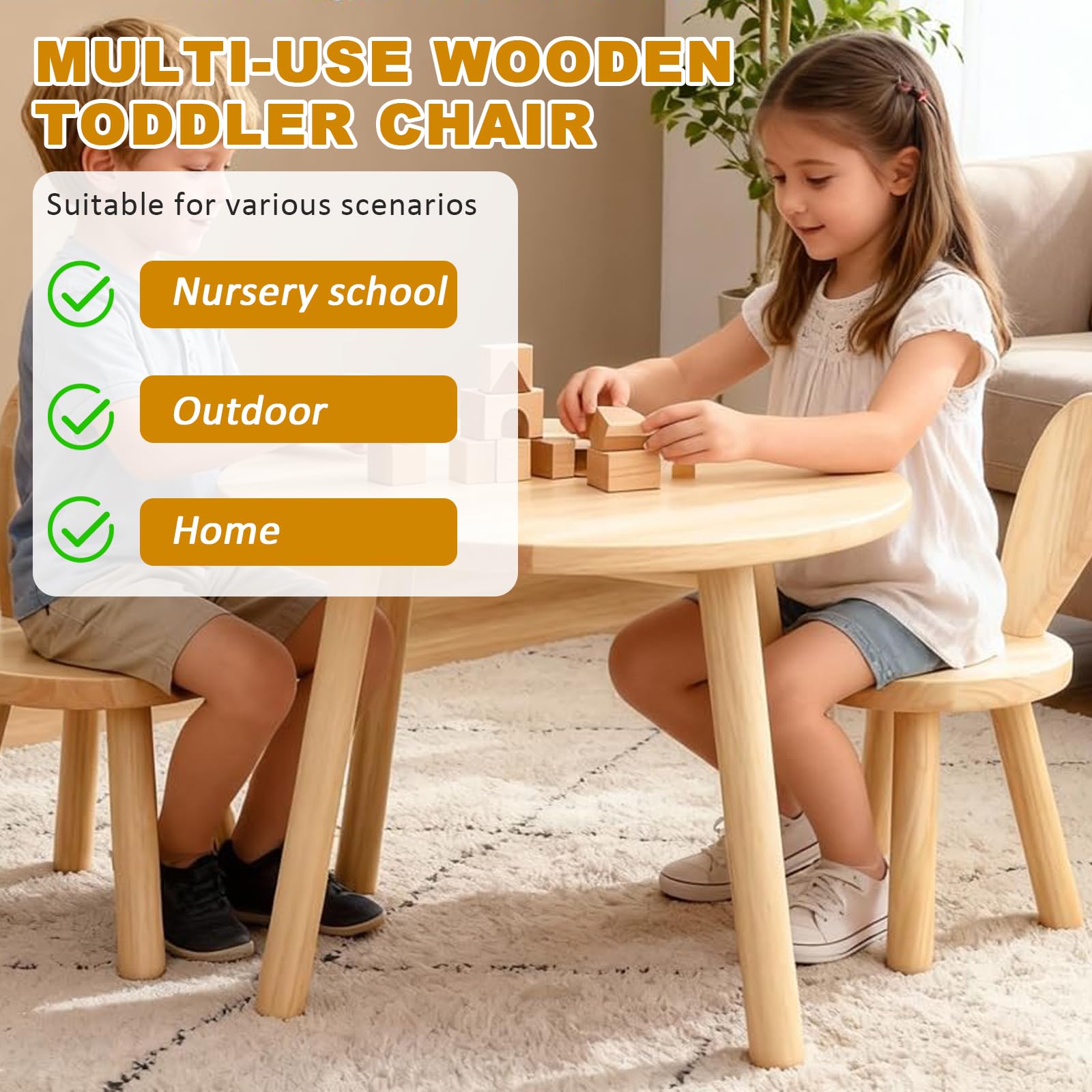 Kinderstuhl Holz mit Hasenohren, Massivholz Kinderstuhl ab 3–6 Jahren, 25 cm Sitzhöhe, rutschfest & stabil, niedlicher Stuhl für Kleinkinder & Vorschulkinder im Kinderzimmer