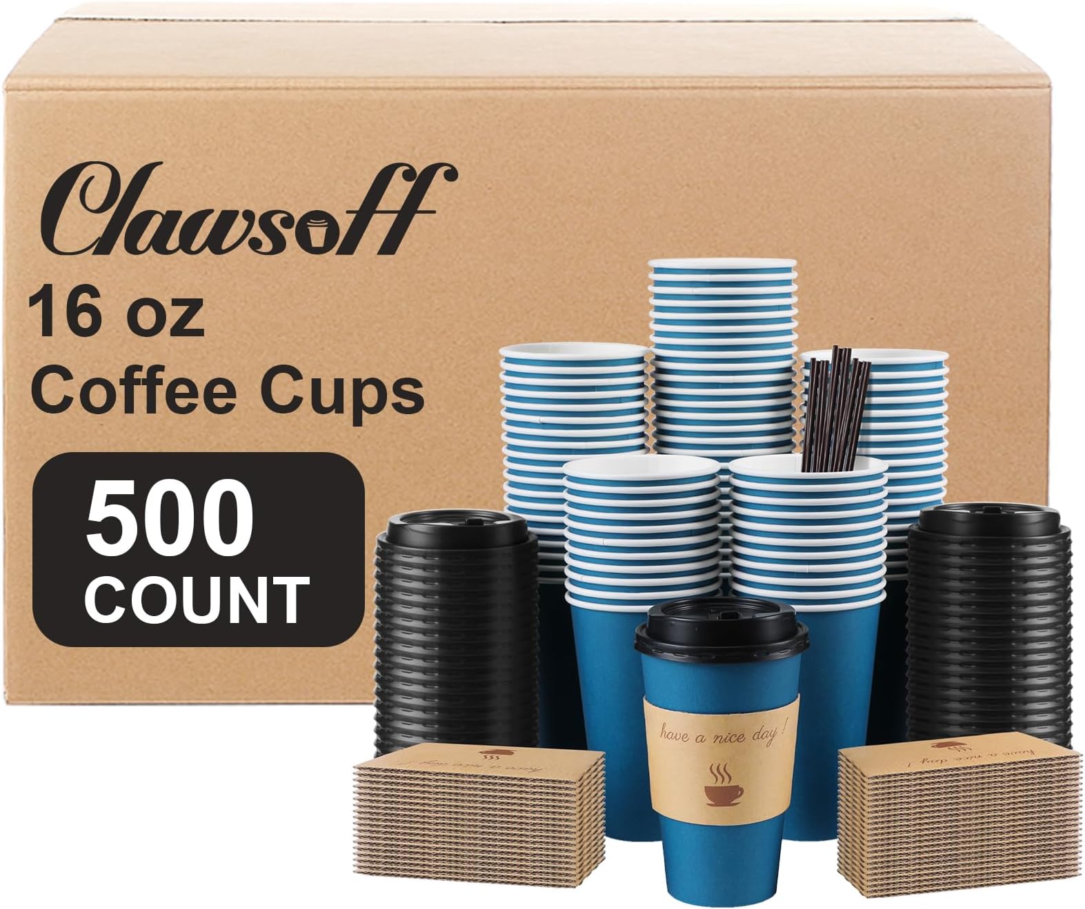 500 pack 16 oz Coffee Cups with Lids, Disposable To Go Paper Coffee Cups with Sleeves and Stirring Sticks for Hot/Cold Drinks Office Home Shop Event