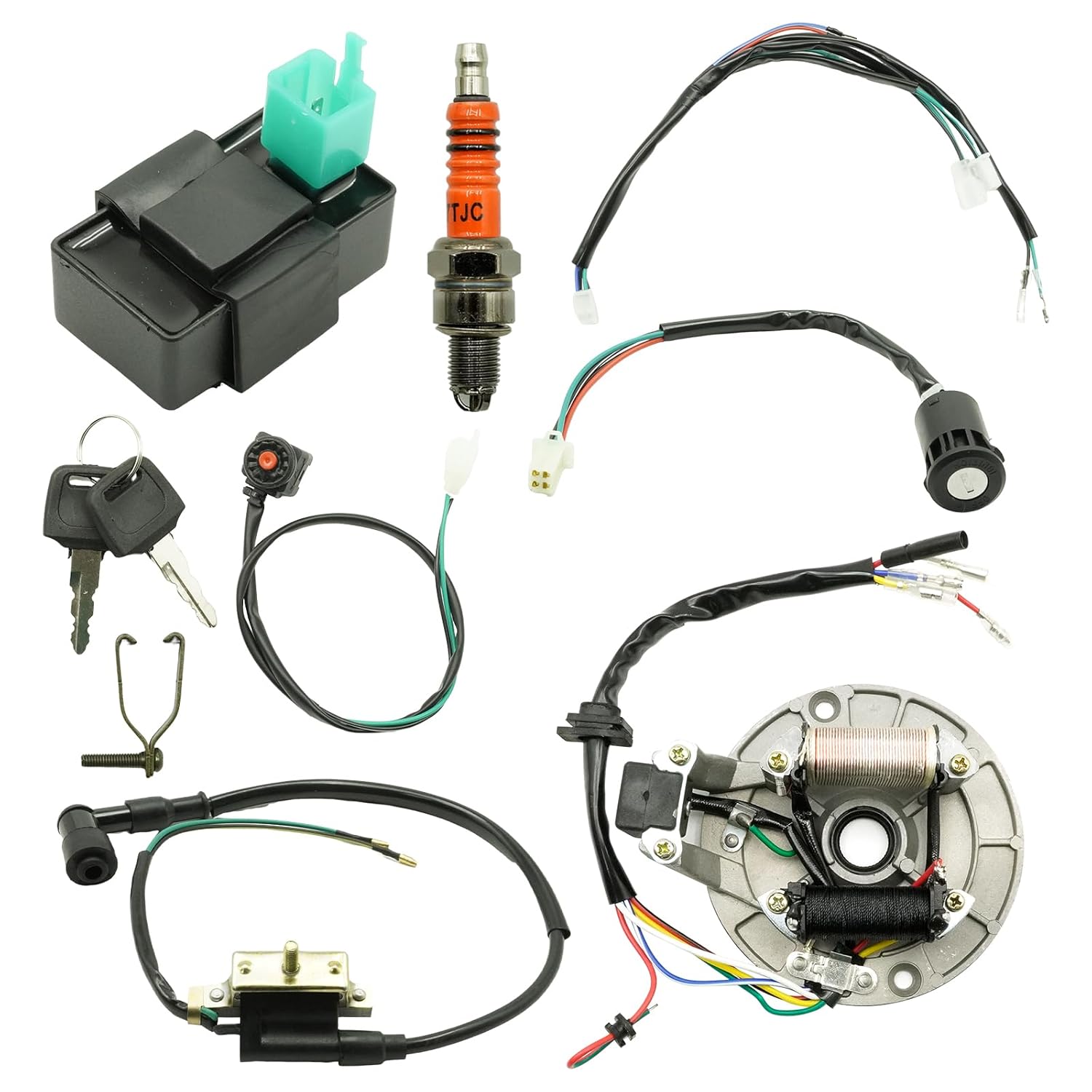 EATAKWARD ATV Rebuild Kit Wire Harness Kit, Start Dirt Pit Bike Wire Harness 2 Coil Magneto stator Plate CDI Replacement for 4 Stroke 50cc 70cc 110cc 125cc 90cc Magneto Spark Plug