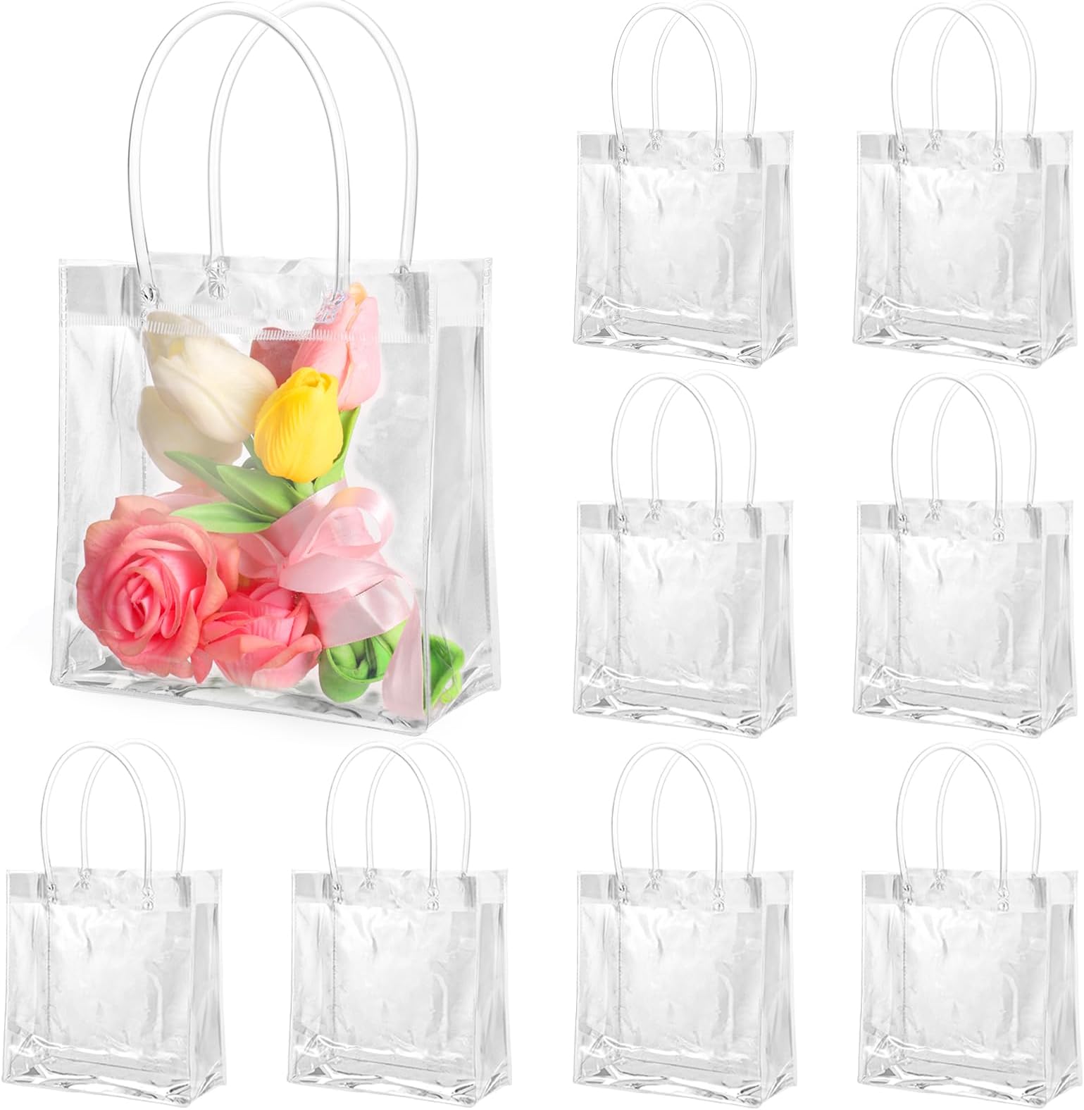 BESARME 20 Pack 6.3" x 5.9" x 2.8" Clear Gift Bags with Handle, Reusable Plastic Small Gift Bags for Mother's Day Wedding Birthday Party Favors