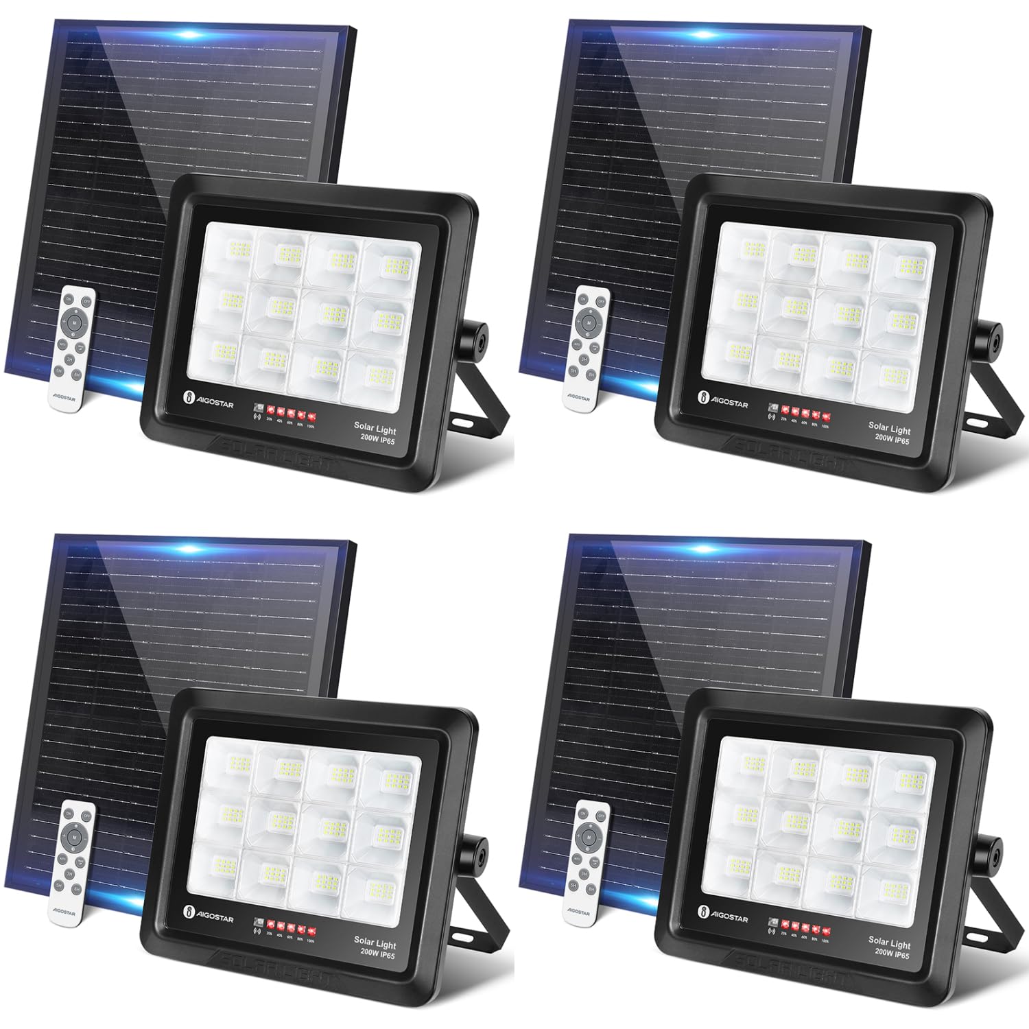 Aigostar Foco Proyector LED Solar con mando a distancia 200w, 6500K.4 pcs | Foco Solar Exterior Impermeable IP65,con Brillo y Sincronización ajustables para Jardín,Garaje