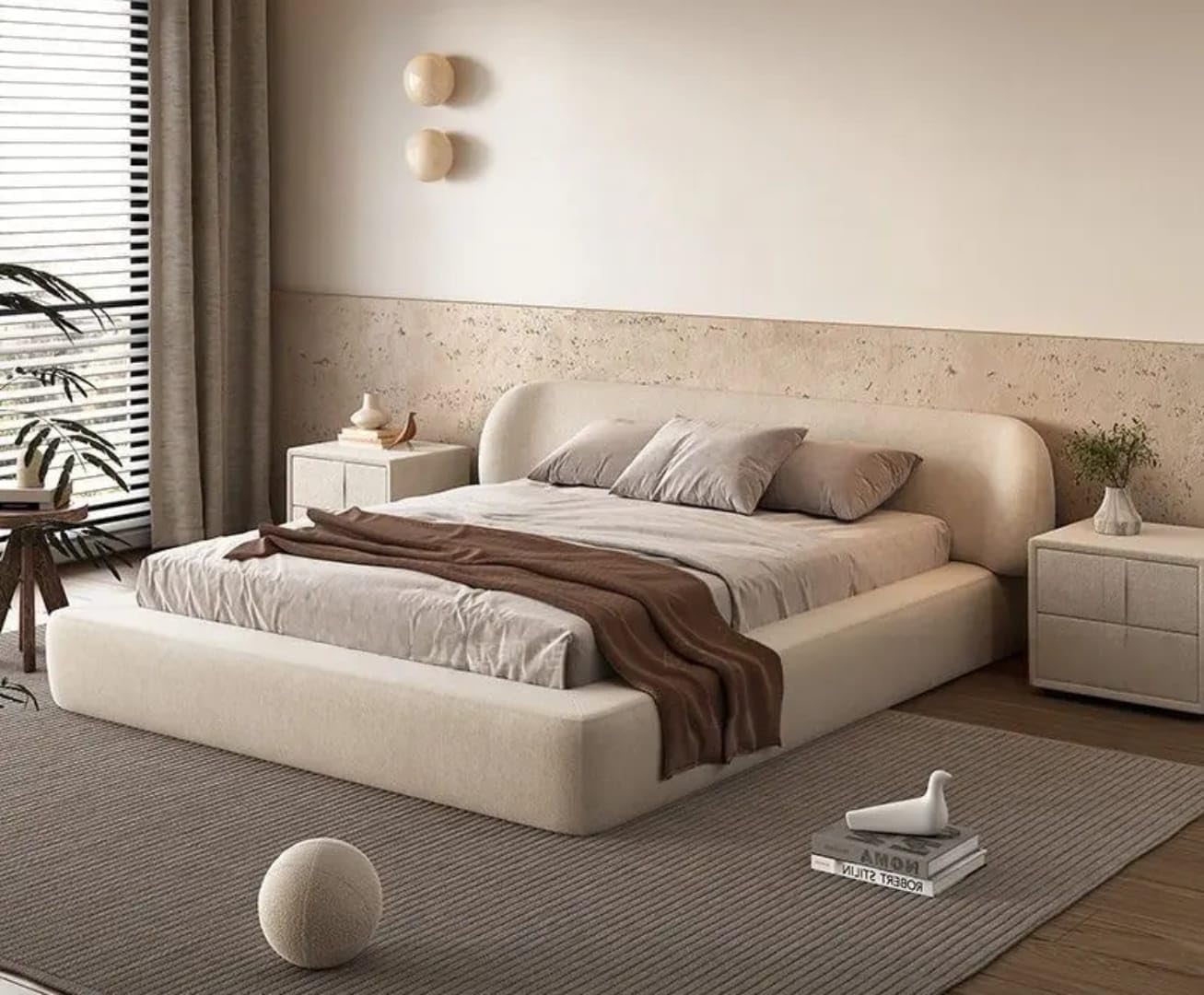 Modern Upholstered Platform Bed Frame with Rounded Curved Headboard, Low Profile Fabric Bed, Soft Padded Frame, No Box Spring Needed, Minimalist Contemporary Bed (160x200)