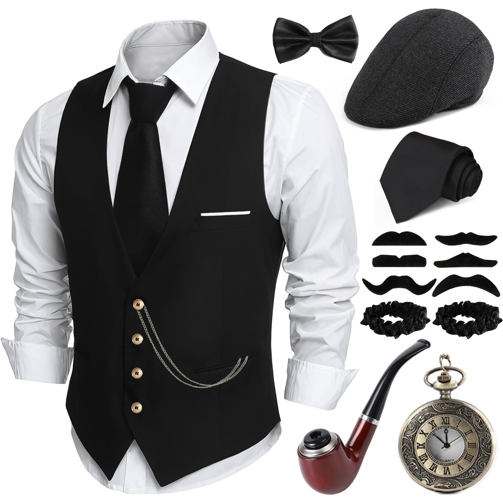 1920s Mens Costume Roaring 20s Costumes for Men 1920S Mens Outfit Accessories with Vest Hat Pocket Watch Tie