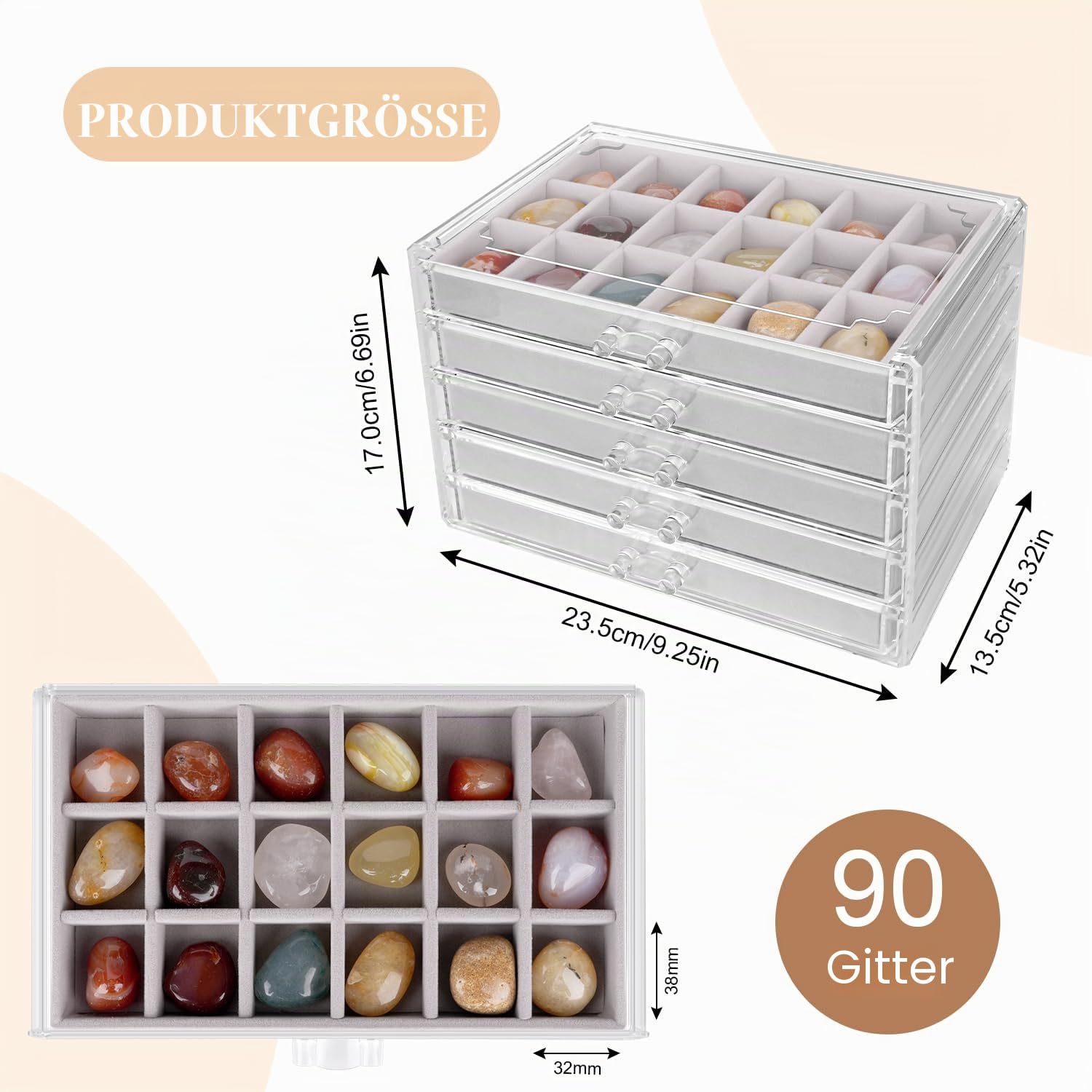 Rock Schaukästen für Sammlerstücke, 90 Fächer, Rock-Sammlung, Aufbewahrung, Acryl-Vitrine für Edelsteine, Fossil-Kristalle, Sammlerstücke