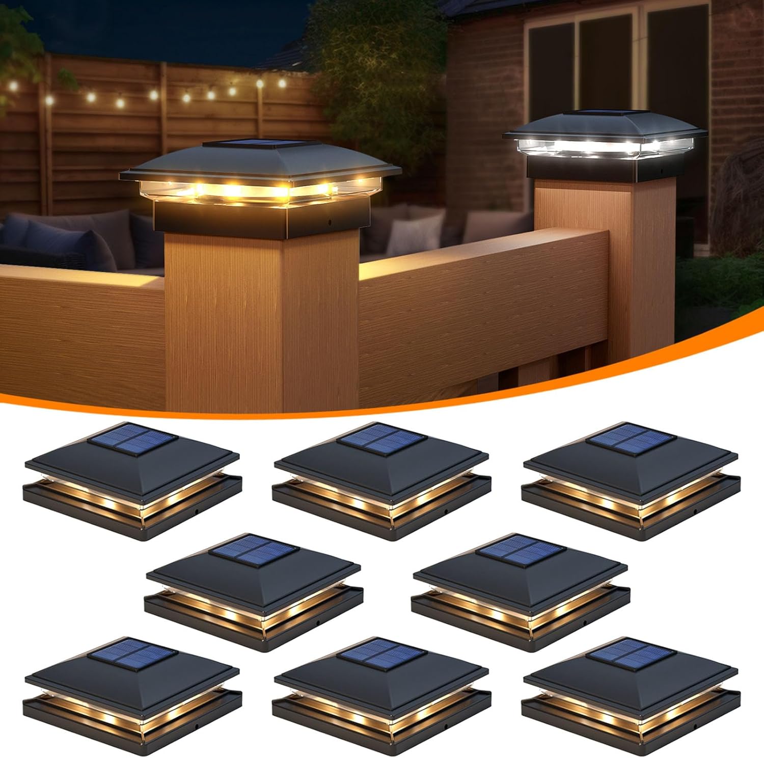 APONUO 8 Pack Fence Post Solar Lights, 2 Modes(Warm/Cool Light) Outdoor Waterproof 4x4 Post Solar Lights, Solar Powered Garden, Patio, Deck Decor for 4x4, 5x5, 5.5x5.5 Wood & Vinyl Posts, Black