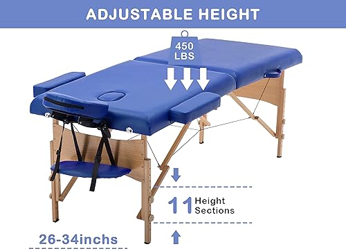 Miniatura 3 de Mesa de masaje plegable de 2 secciones, mesa de masaje portátil de altura ajustable, cama de masaje con bolsa de transporte, reposabrazos y