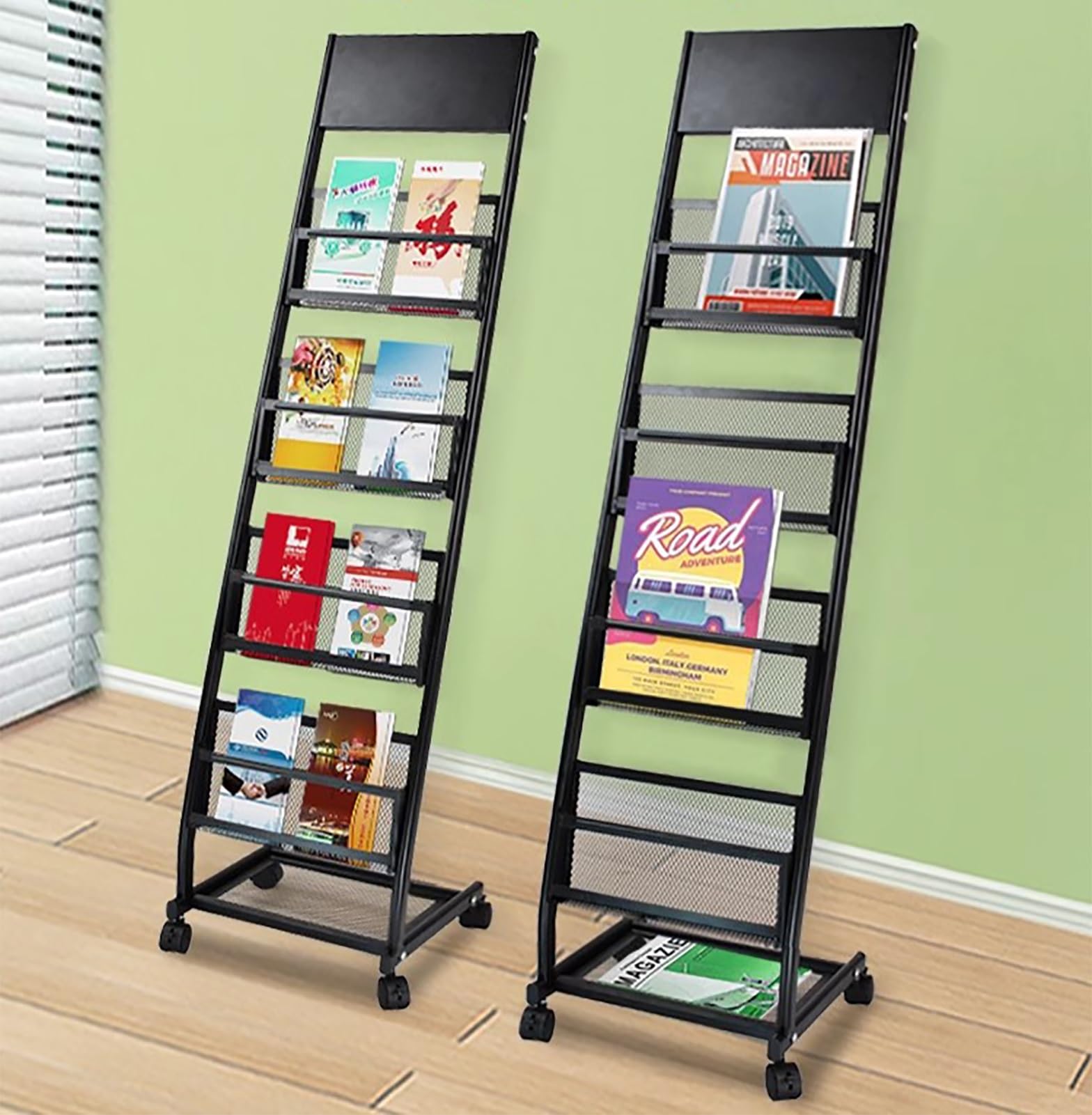 Revistero de Malla metálica de 5 Capas para exhibir folletos, revistero de pie con Ruedas, Soporte Vertical para Archivos para decoración y organización, Organizador Multiusos