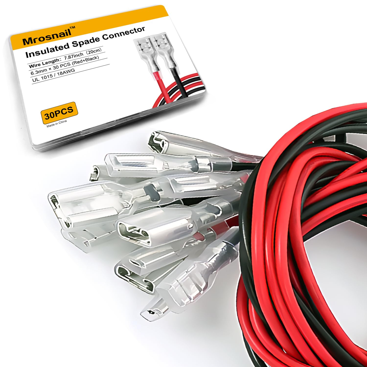 30Pcs Female Spade Crimp Terminals with Insulating Sleeves, 2.8mm/4.8mm/6.3mm, 20cm Red/Black 18AWG Wires - Tin-Plated Copper Quick Splice Connectors Kit for Automotive and Electrical Use