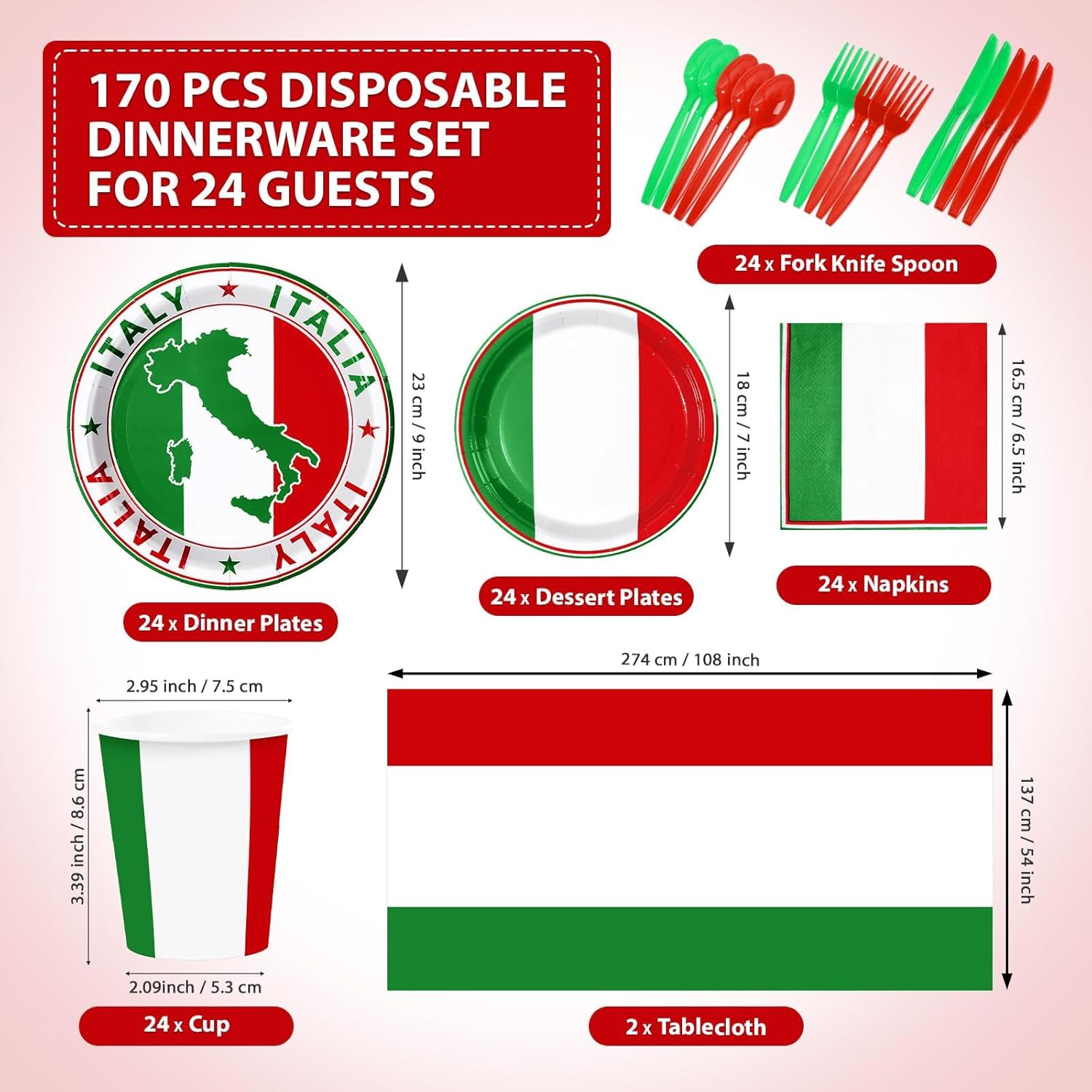 170Pcs Italian Flag Birthday Party Supplies Italy Flag Plates and Napkins Cups Forks Tablecloth Red White Green Tableware Set for Pizza Holiday Family Gathering Dinner Party Decorations Serves 24
