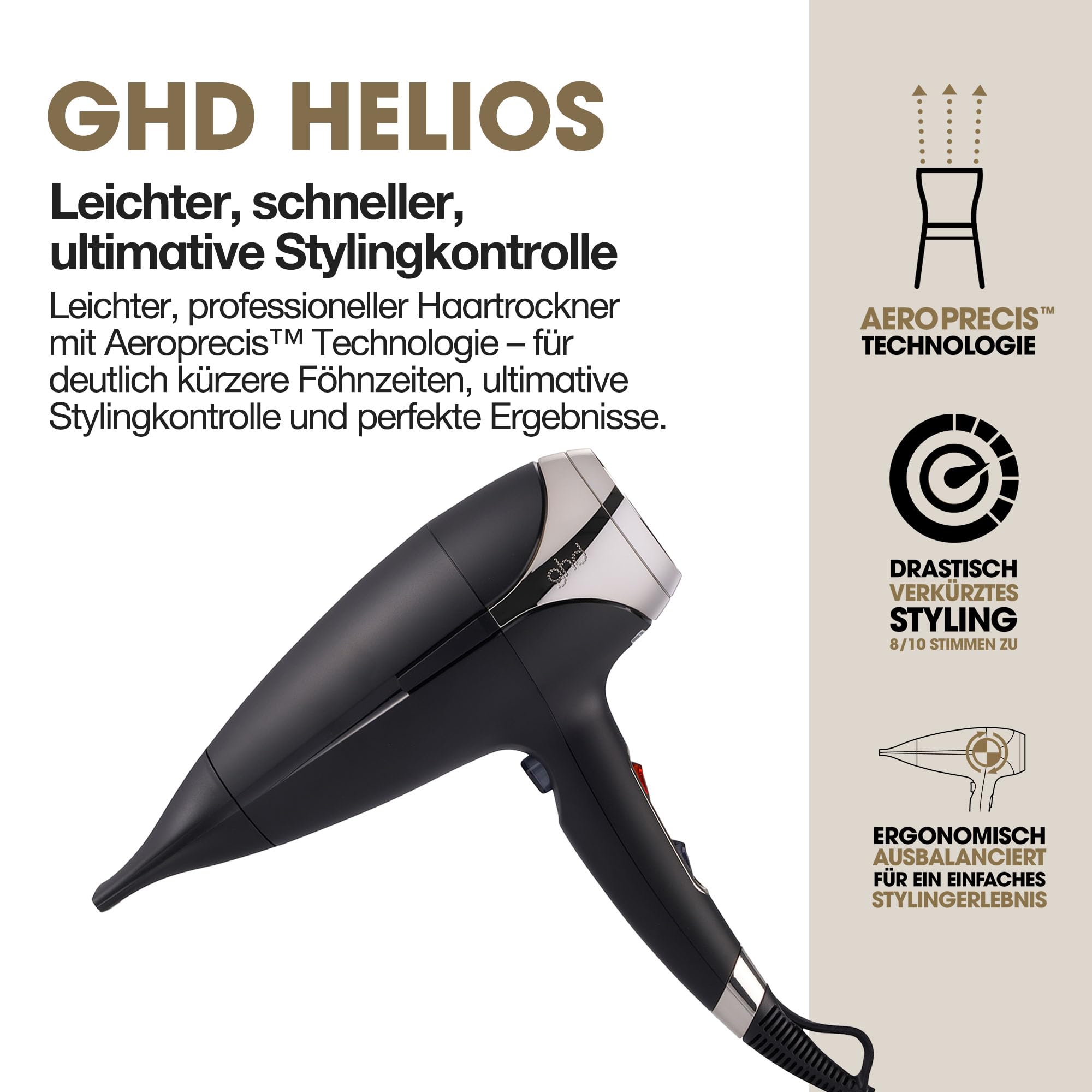 ghd helios professioneller Föhn: schneller Haartrockner mit 120 km/h Luftstrom, leise & leicht, für präzises Blowout-Styling, Anti Frizz Finish, mehr Glanz & Styling für alle Haartypen