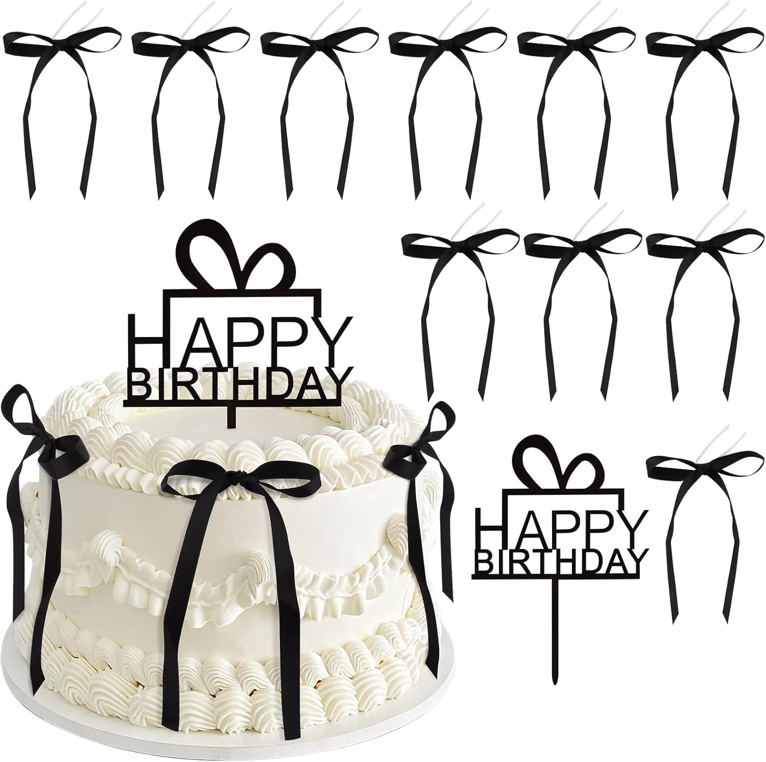 11 Pack Bow Cupcake Toppers Birthday Bowknot Ribbons Cake Topper Coquette Themed Party Black Bow with Happy Birthday Sign for Girl Kids Baby Bridal Wedding Party Cake Decorations