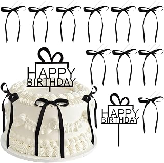 11 Pack Bow Cupcake Toppers Birthday Bowknot Ribbons Cake Topper Coquette Themed Party Black Bow with Happy Birthday Sign for Girl Kids Baby Bridal Wedding Party Cake Decorations
