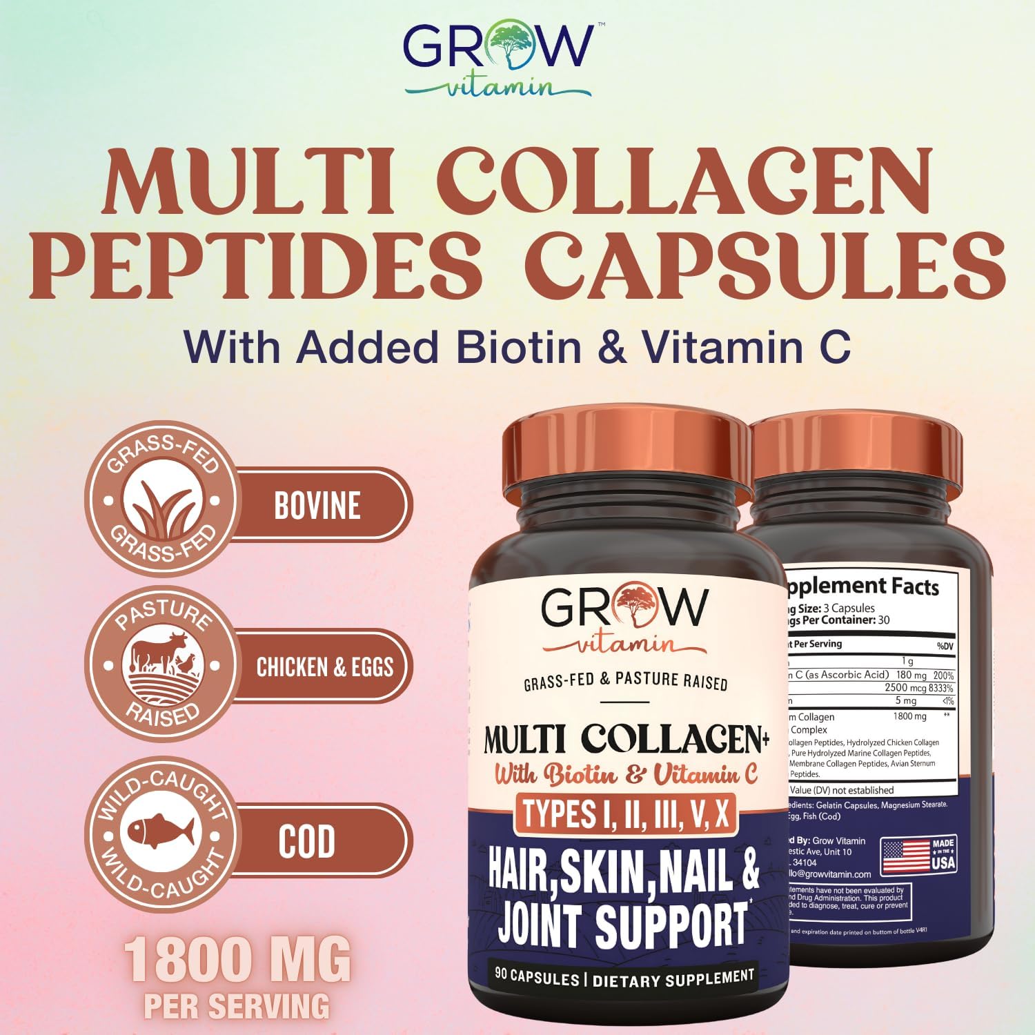 grow vitamin Multi Collagen Capsules 1800MG (Types I, II, III, V & X) - Non GMO, Grass Fed Collagen - Anti Aging Support for Hair, Skin, Nails - Protein Pills for Joint Support - 90 Capsules