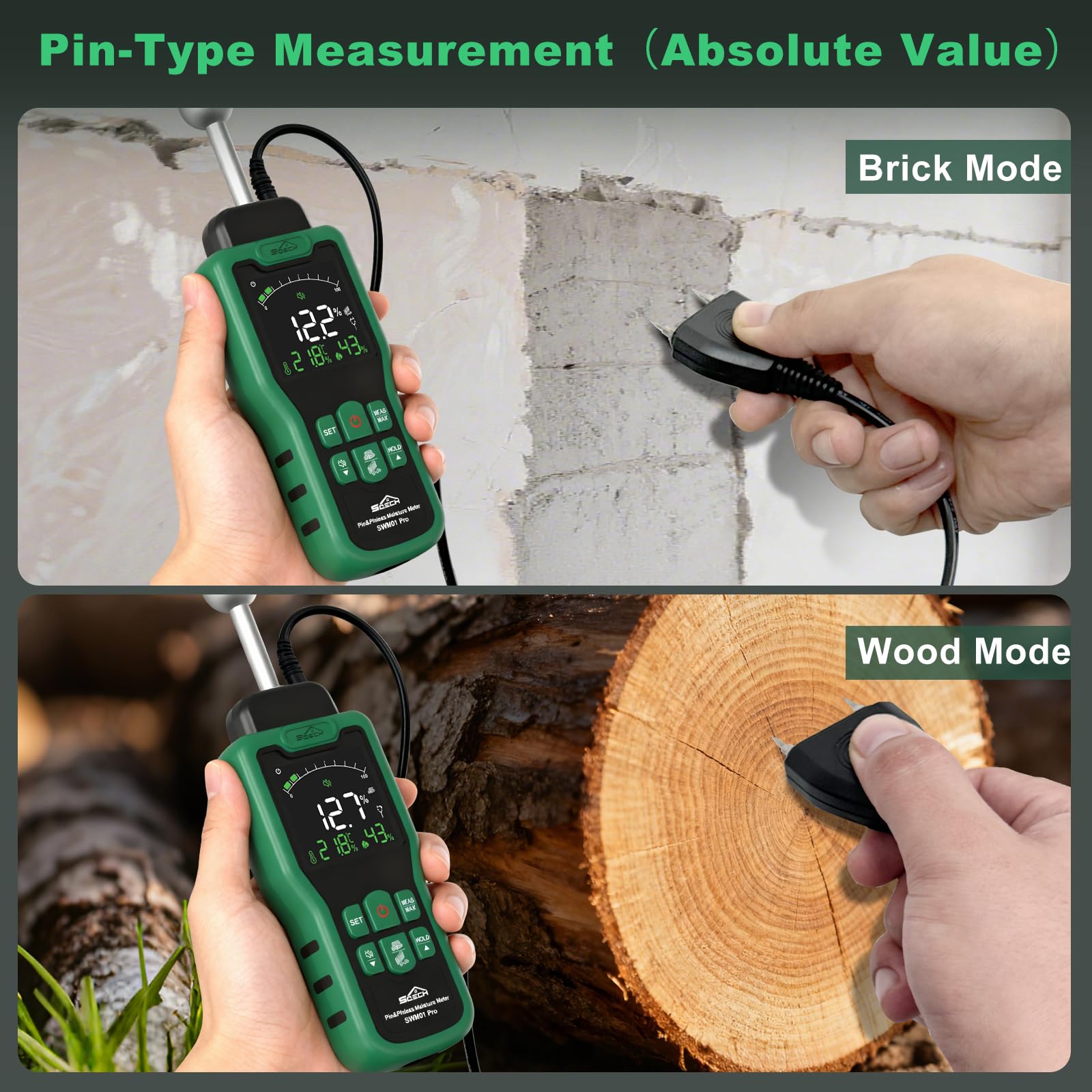 Feuchtigkeitsmessgerät, SQECH Feuchtigkeitsmesser mit Thermometer, Alarm, Multifunktionaler Feuchtemessgerät mit Farb-LCD, Nadel-Sensor für Wand, Holz, Mauerwerk,Wohnwagen, Wohnung